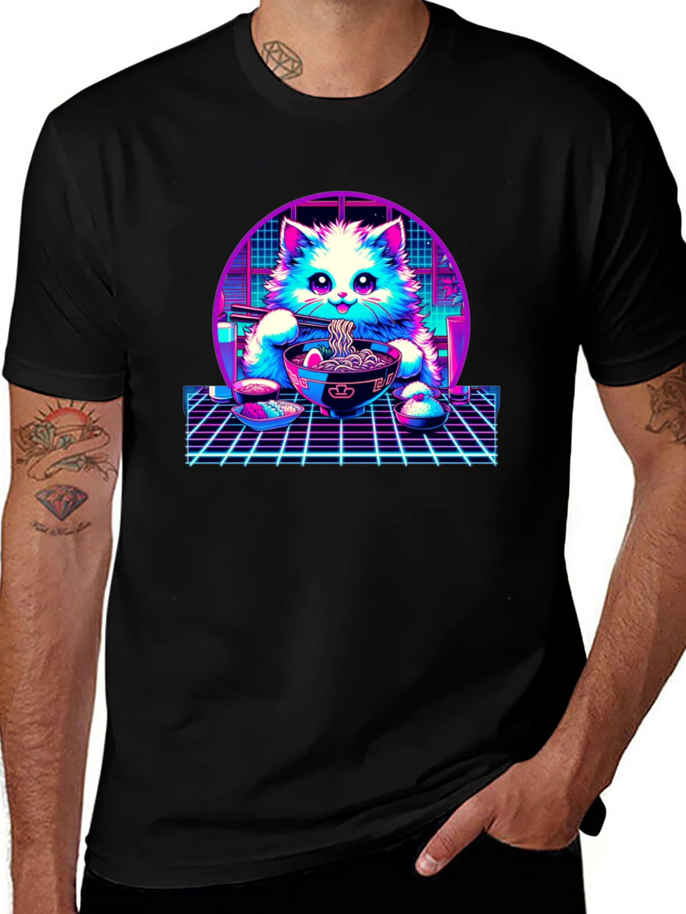 Retro Ramen Cat T-Shirt - Vaporwave Style
