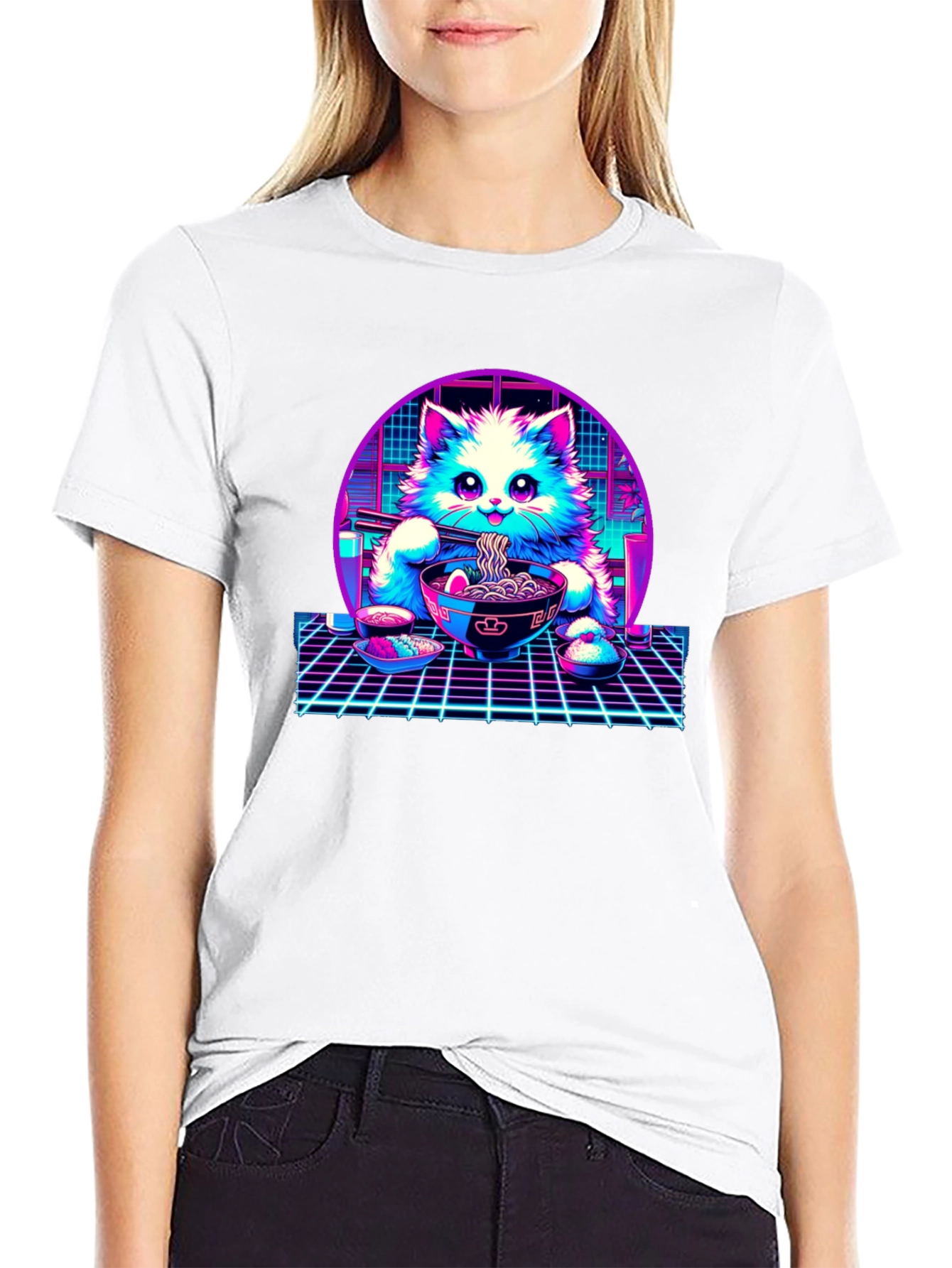 Retro Ramen Cat T-Shirt - Vaporwave Style