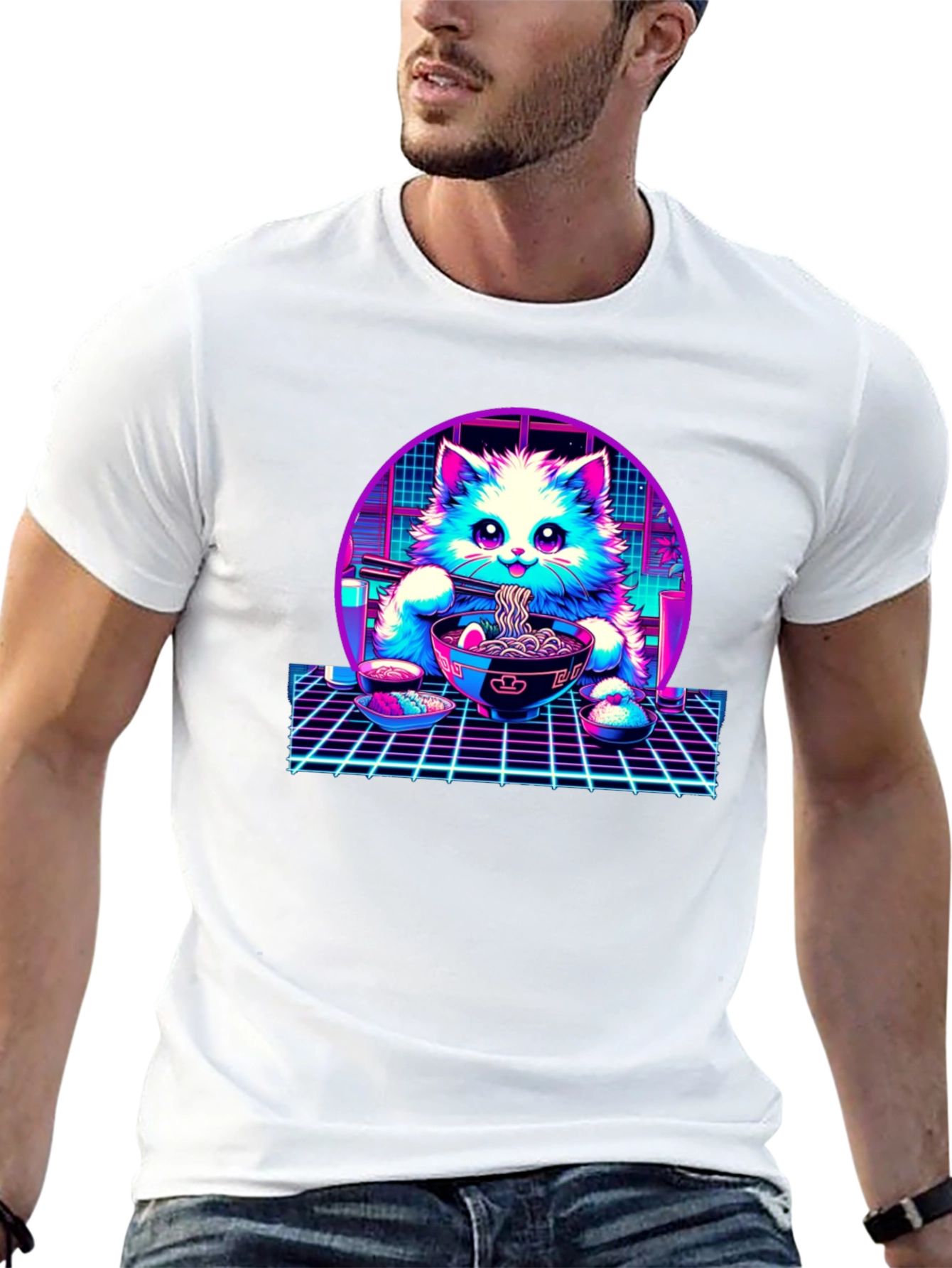 Retro Ramen Cat T-Shirt - Vaporwave Style