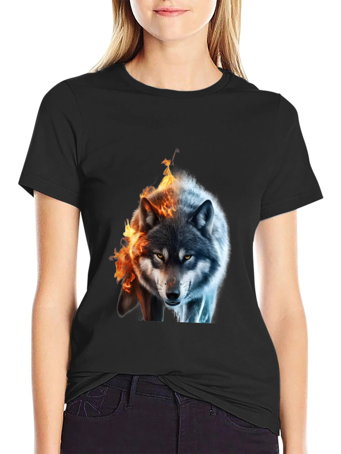 Fire and Ice Wolf Graphic T-Shirt
