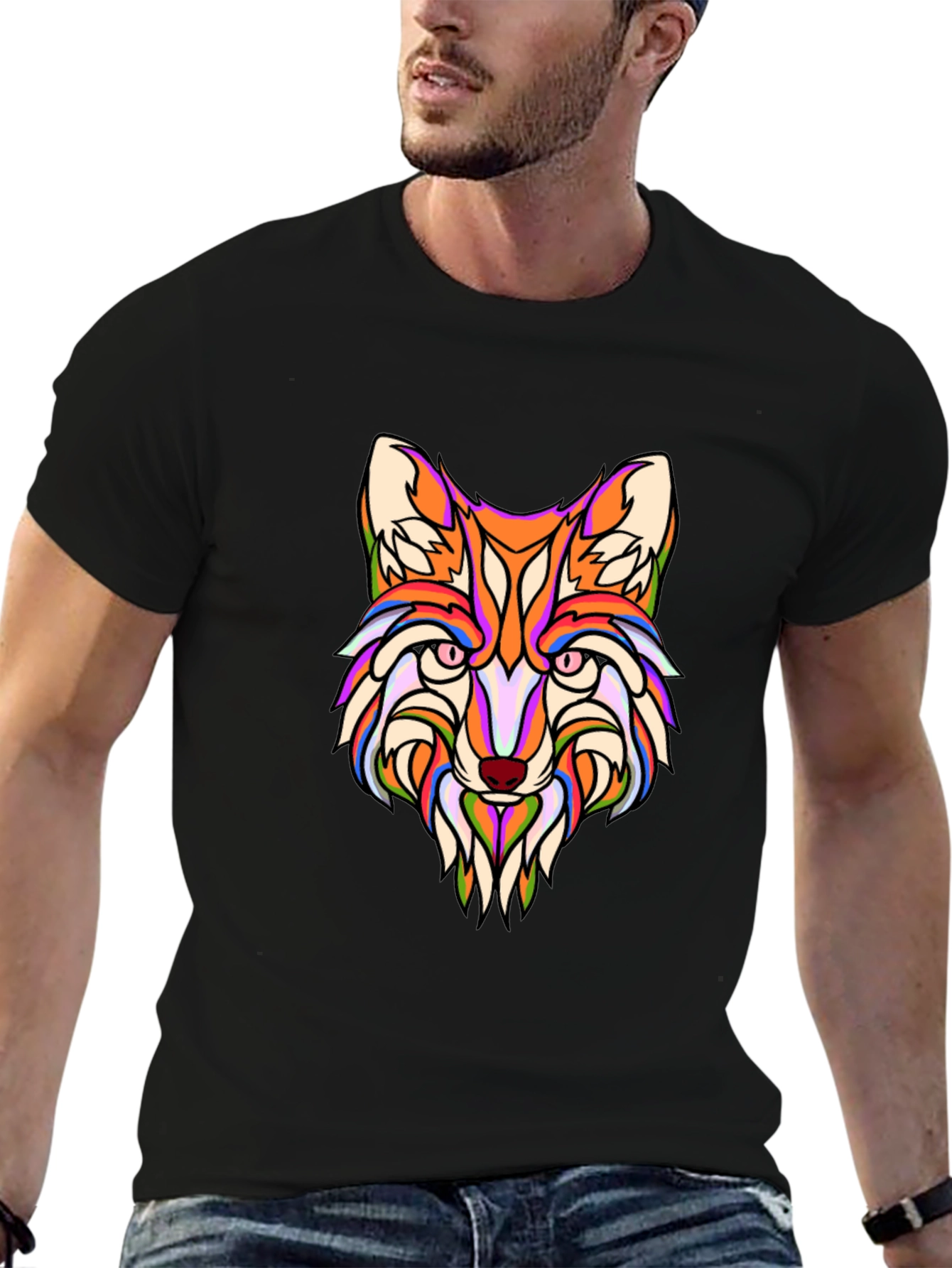 Vibrant Fox Head Graphic Print Black T-Shirt