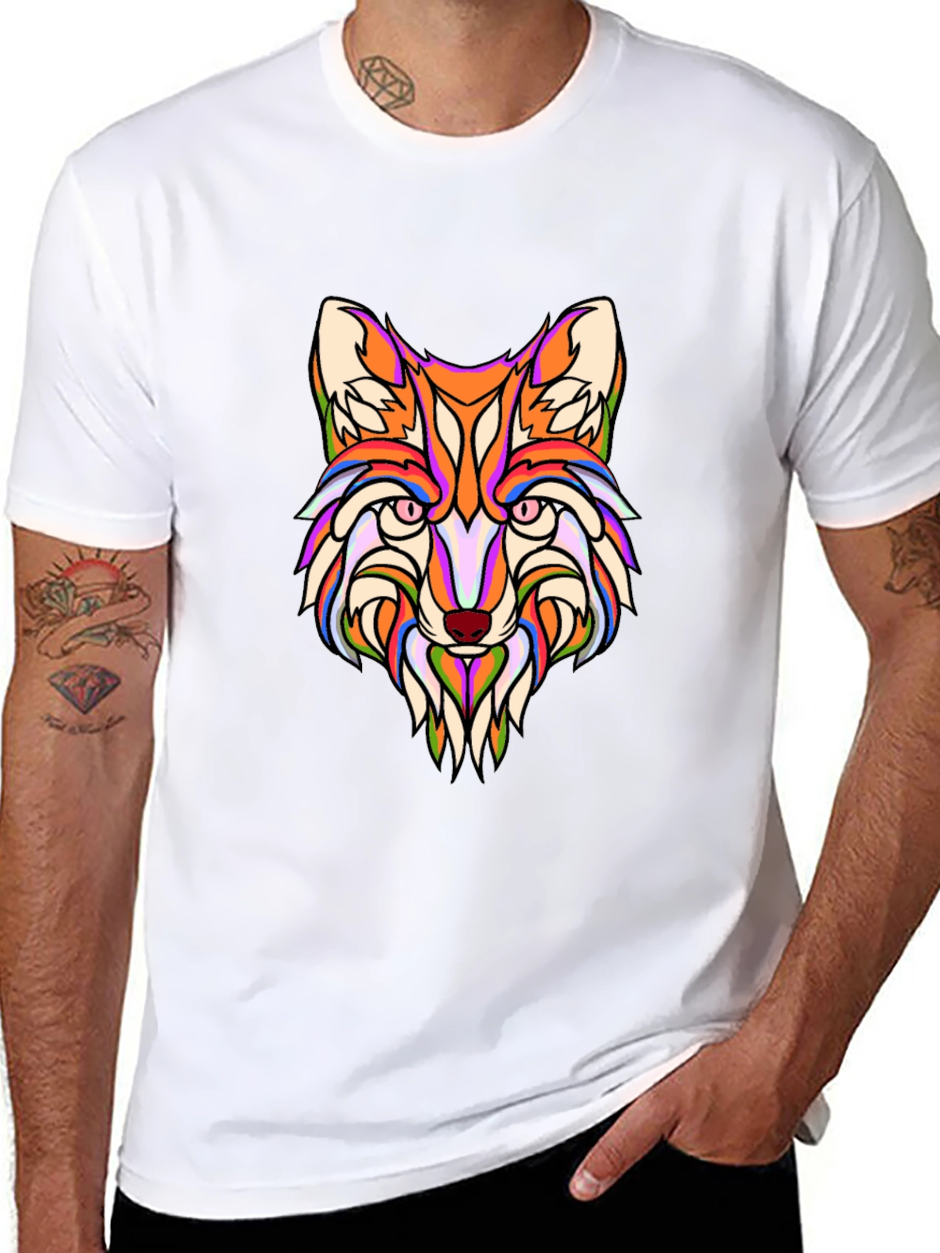 Vibrant Fox Head Graphic Print Black T-Shirt
