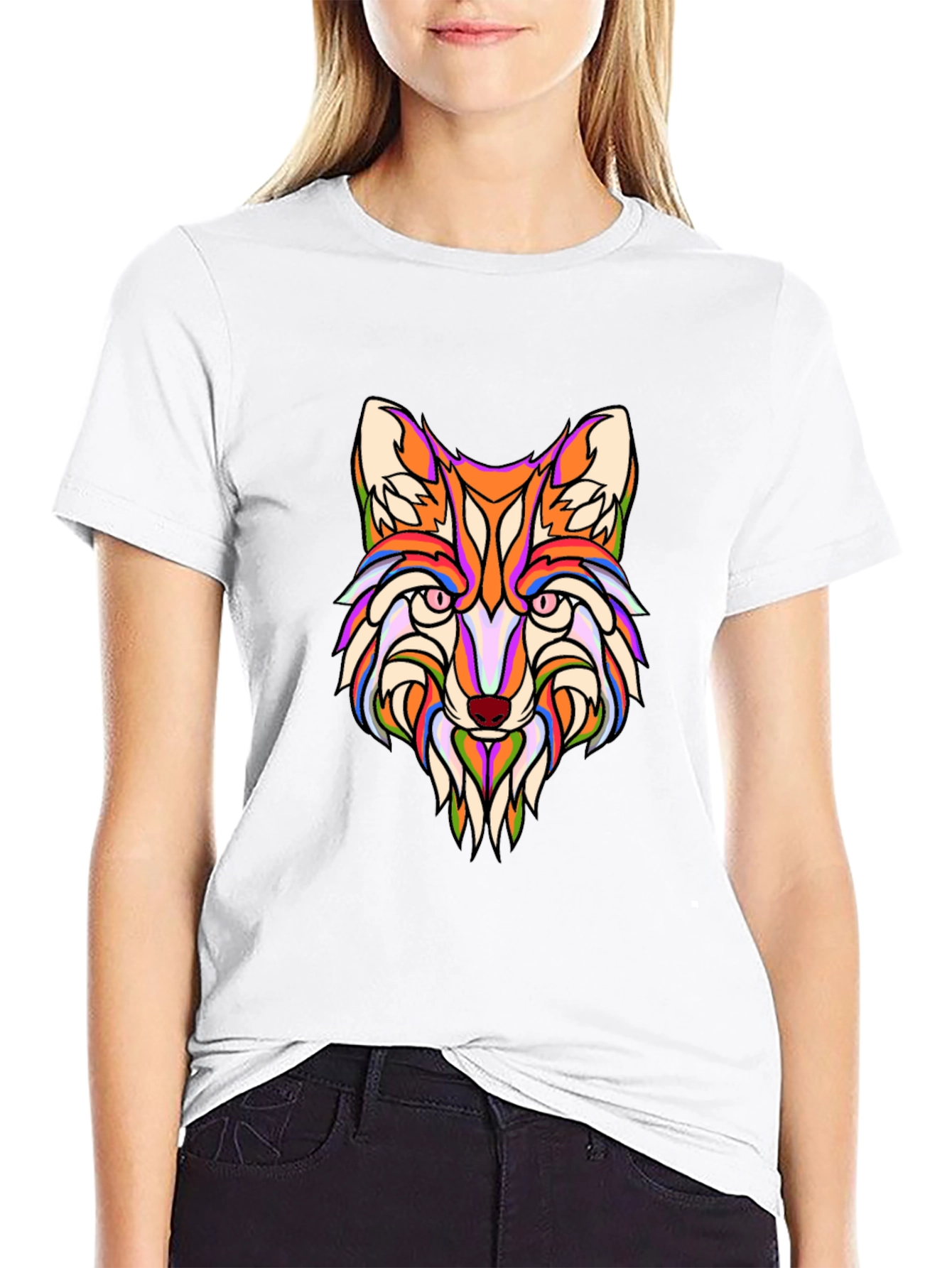 Vibrant Fox Head Graphic Print Black T-Shirt
