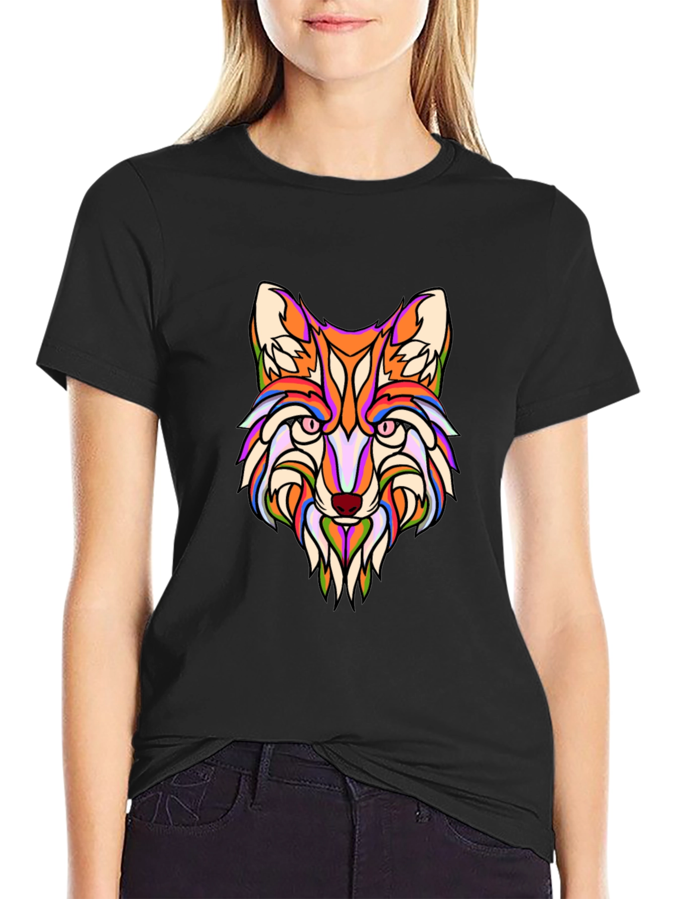 Vibrant Fox Head Graphic Print Black T-Shirt