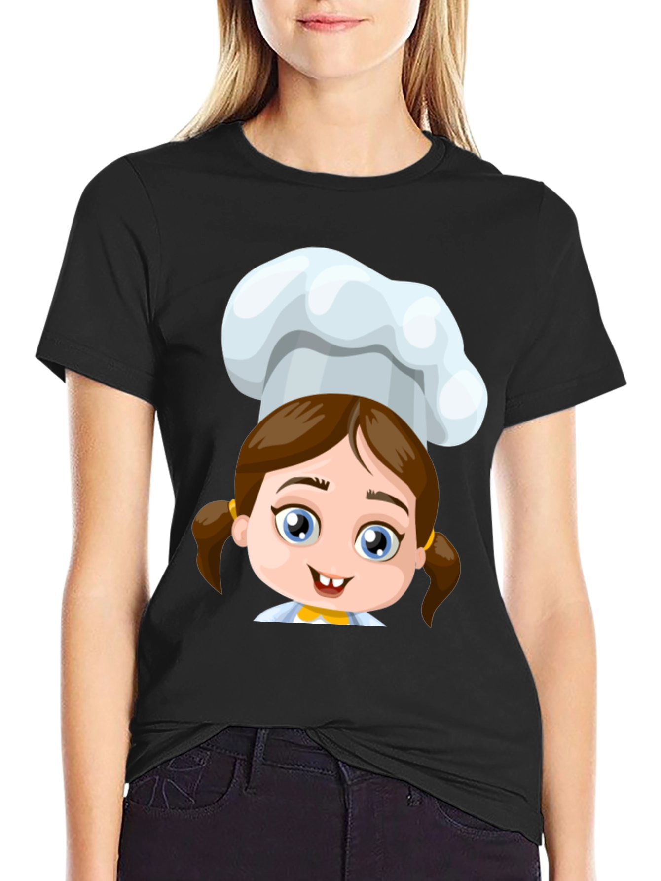 Chef Girl Cartoon Black T-Shirt
