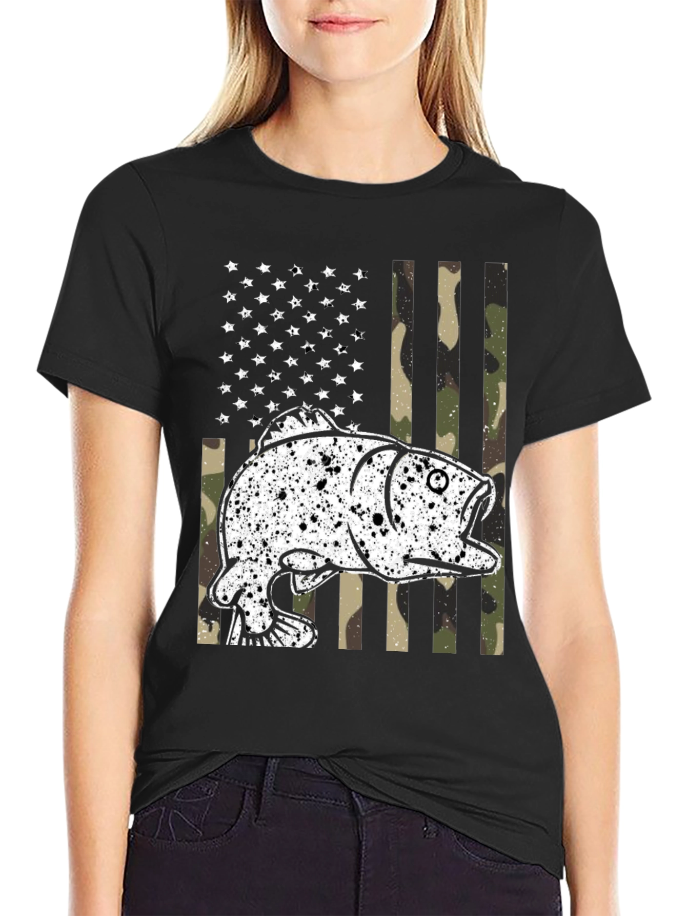 American Flag Camo Fish Graphic Tee - Black
