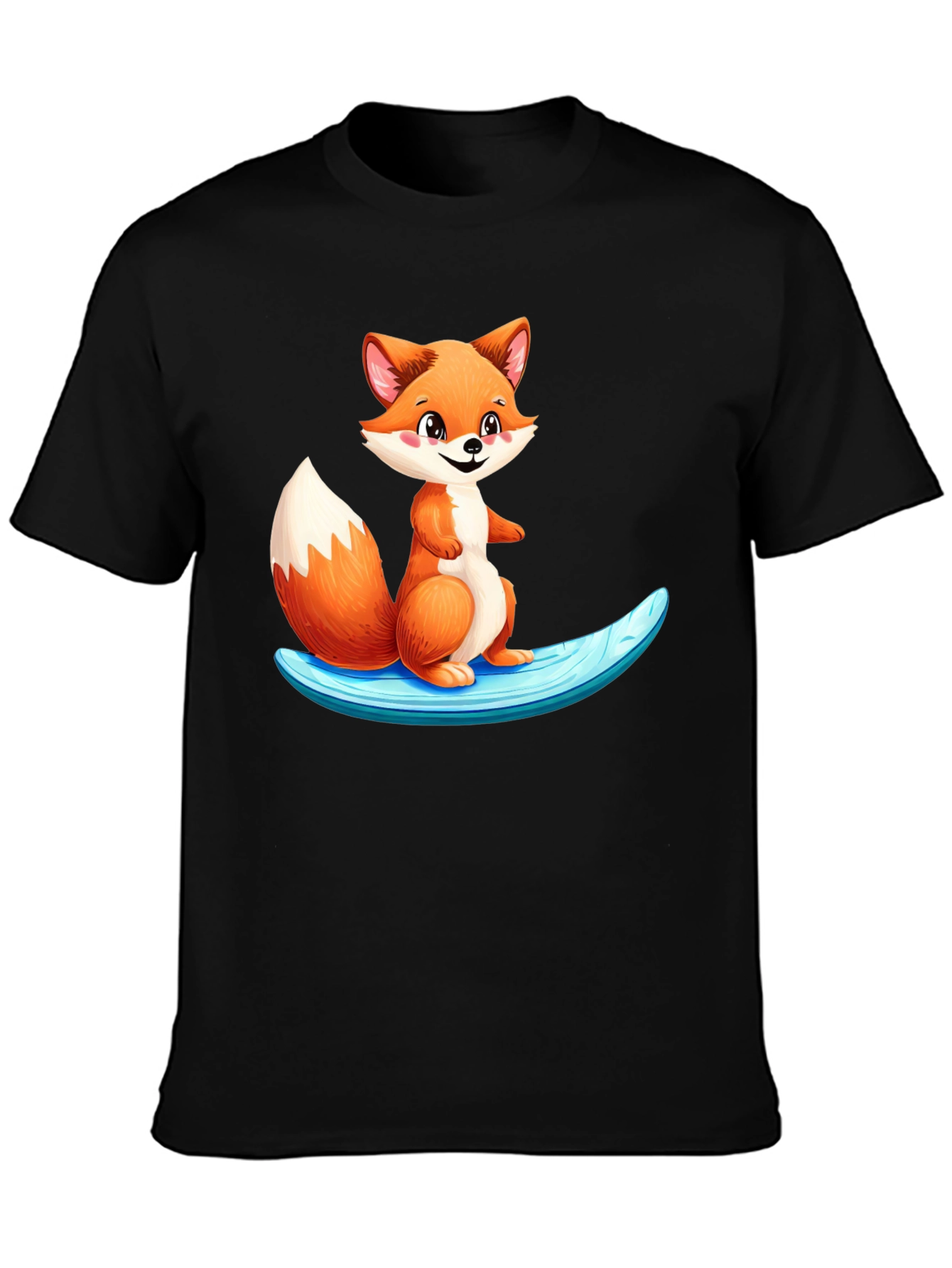 Cute Fox Surfing Black T-Shirt