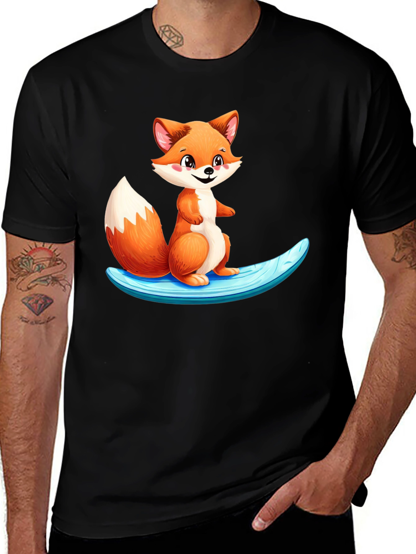 Cute Fox Surfing Black T-Shirt