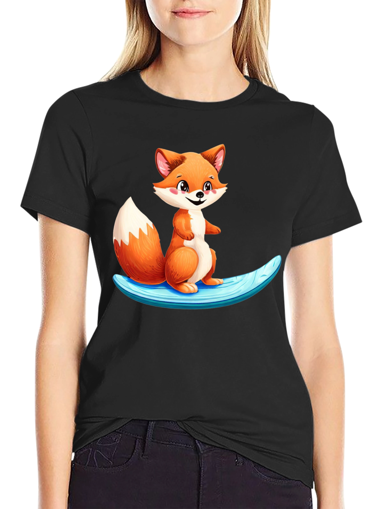 Cute Fox Surfing Black T-Shirt