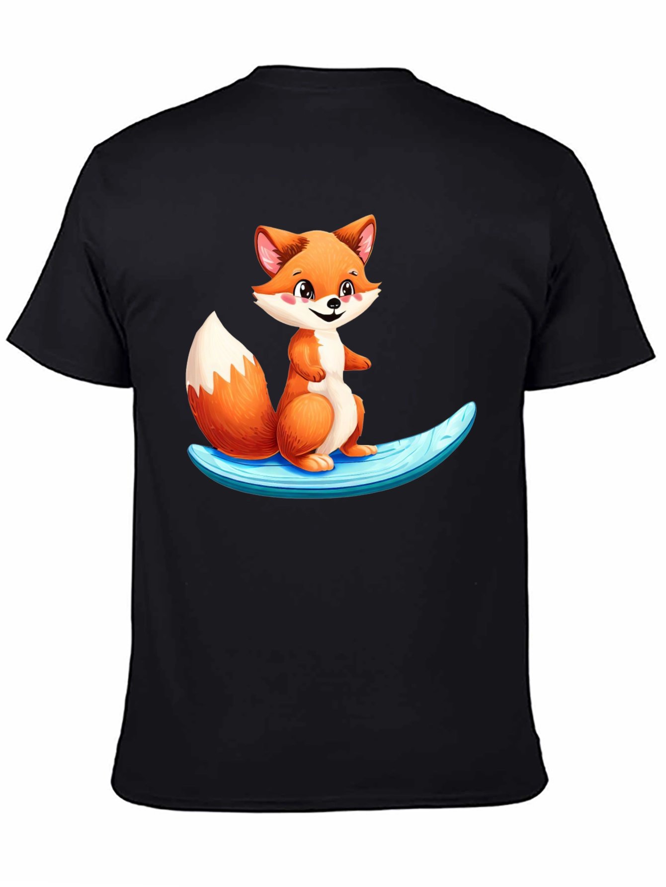 Cute Fox Surfing Black T-Shirt