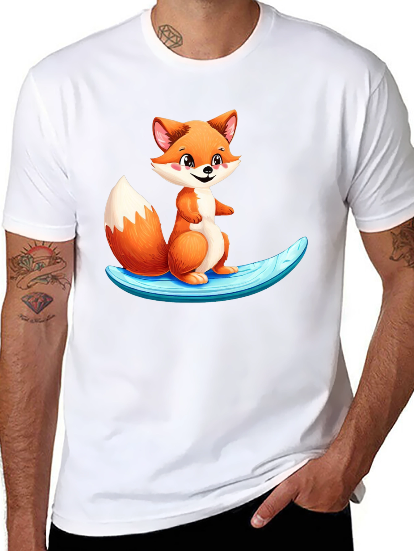 Cute Fox Surfing Black T-Shirt