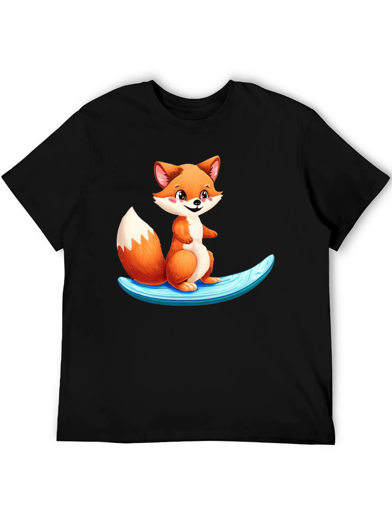 Cute Fox Surfing Black T-Shirt