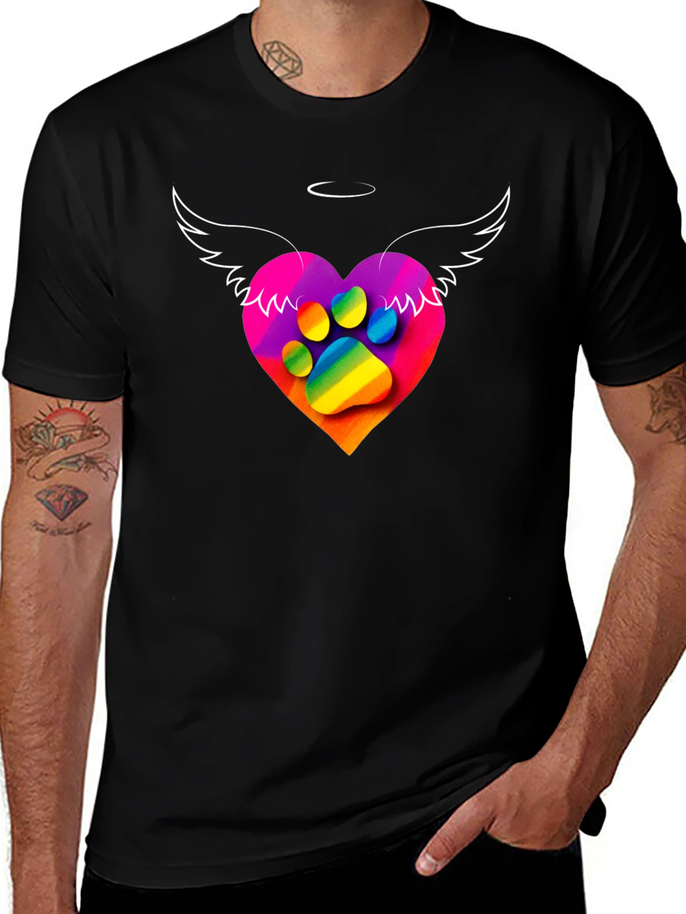 Rainbow Paw Print Heart Angel Wings T-Shirt