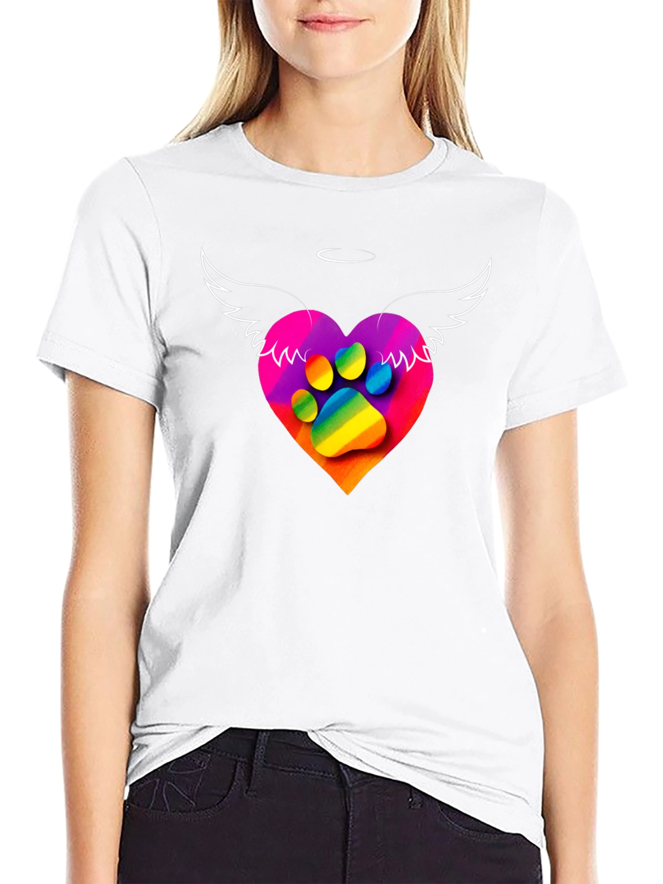 Rainbow Paw Print Heart Angel Wings T-Shirt