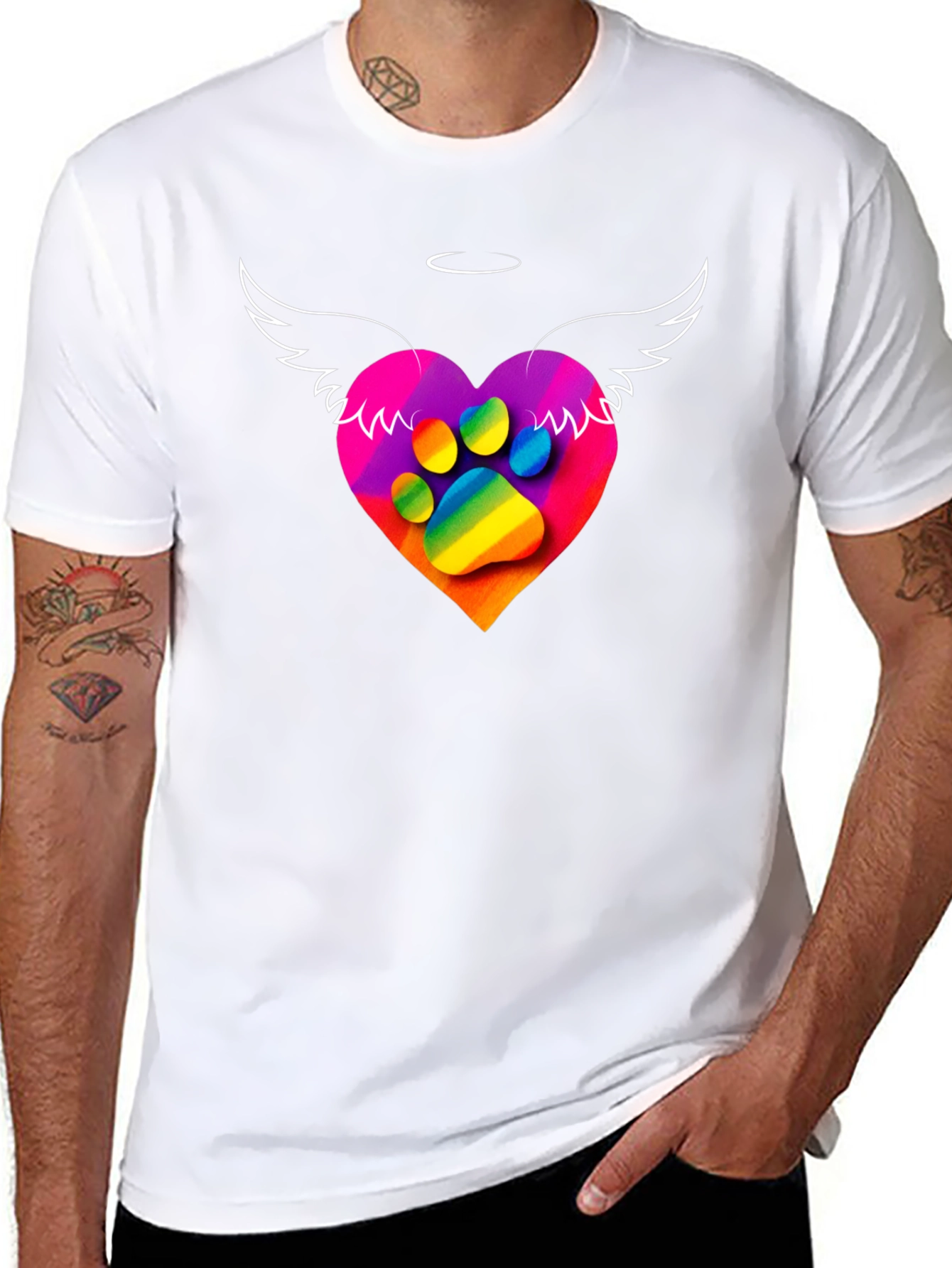 Rainbow Paw Print Heart Angel Wings T-Shirt