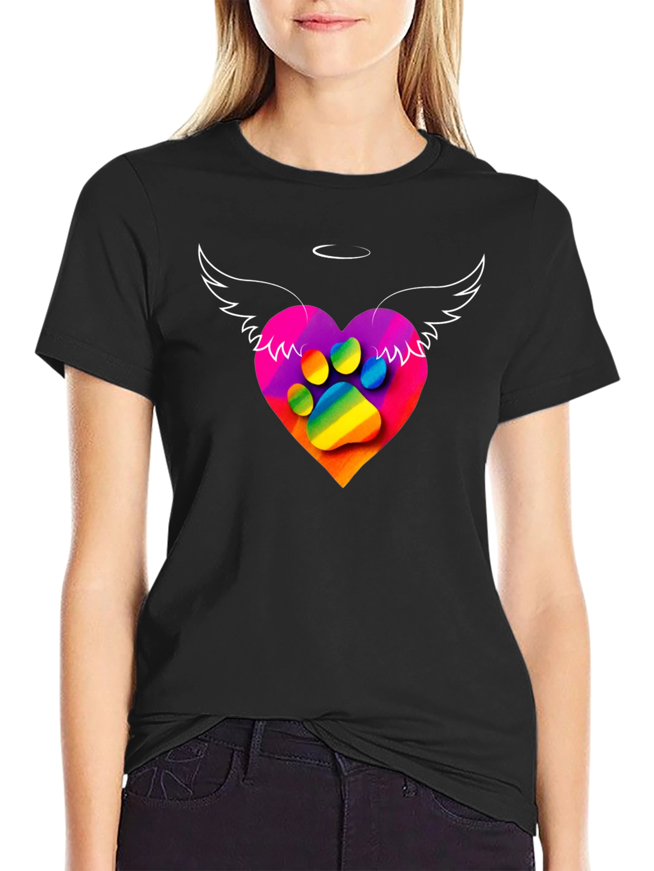 Rainbow Paw Print Heart Angel Wings T-Shirt