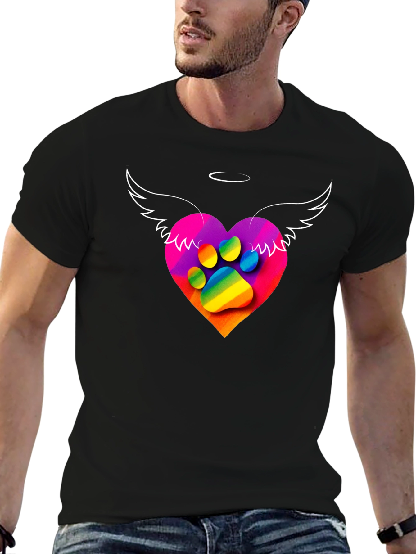 Rainbow Paw Print Heart Angel Wings T-Shirt