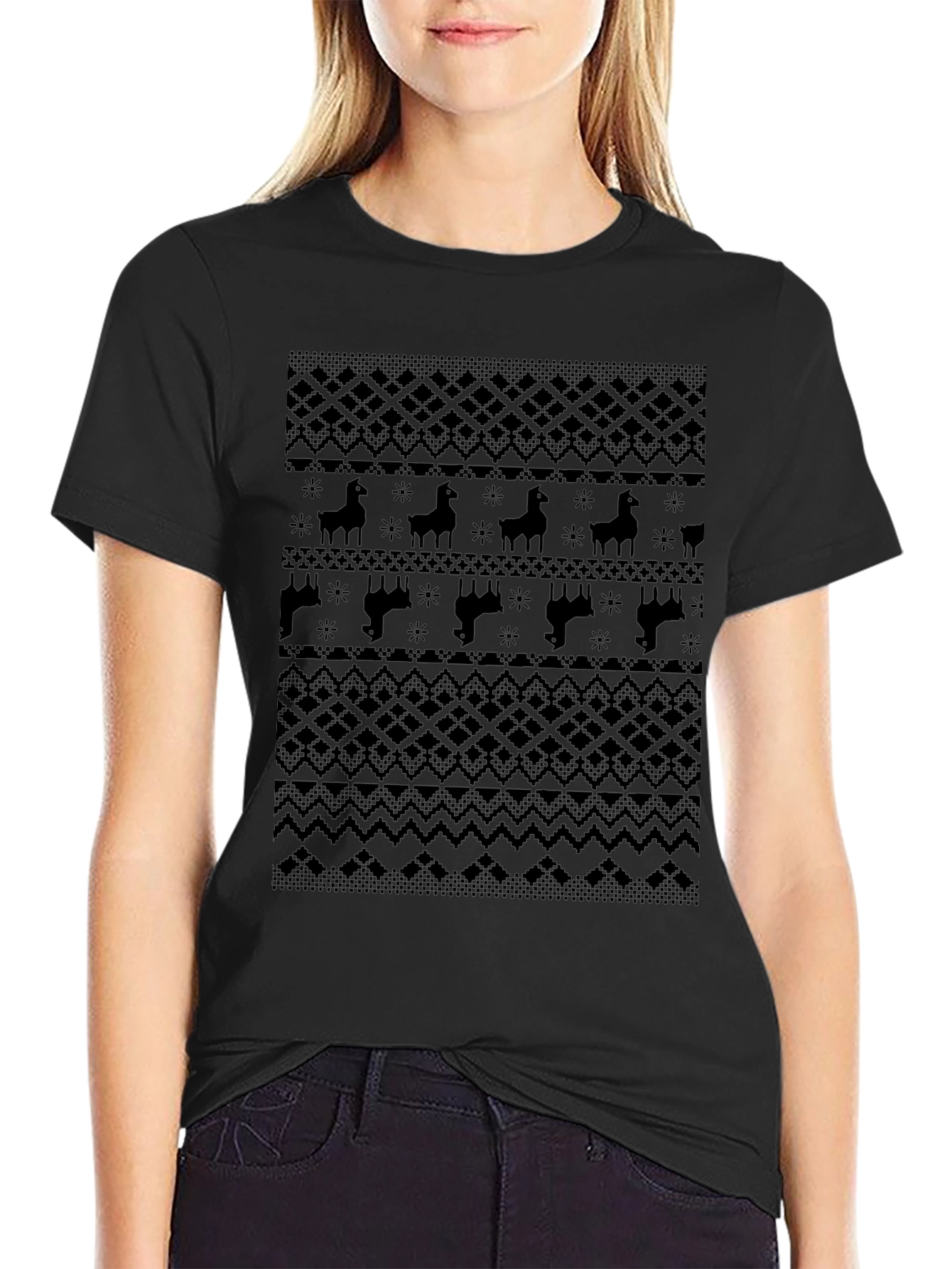 Llama Pattern Graphic Tee - Dark Knit Style Print