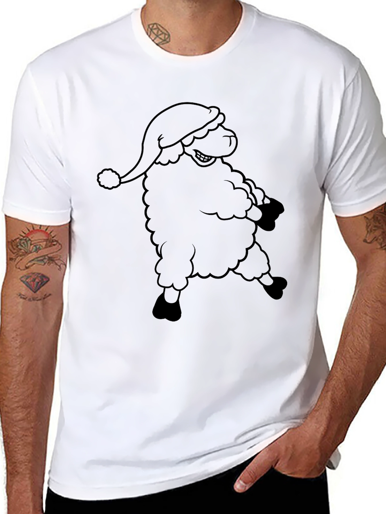 Novelty Santa Sheep Graphic Black T-Shirt