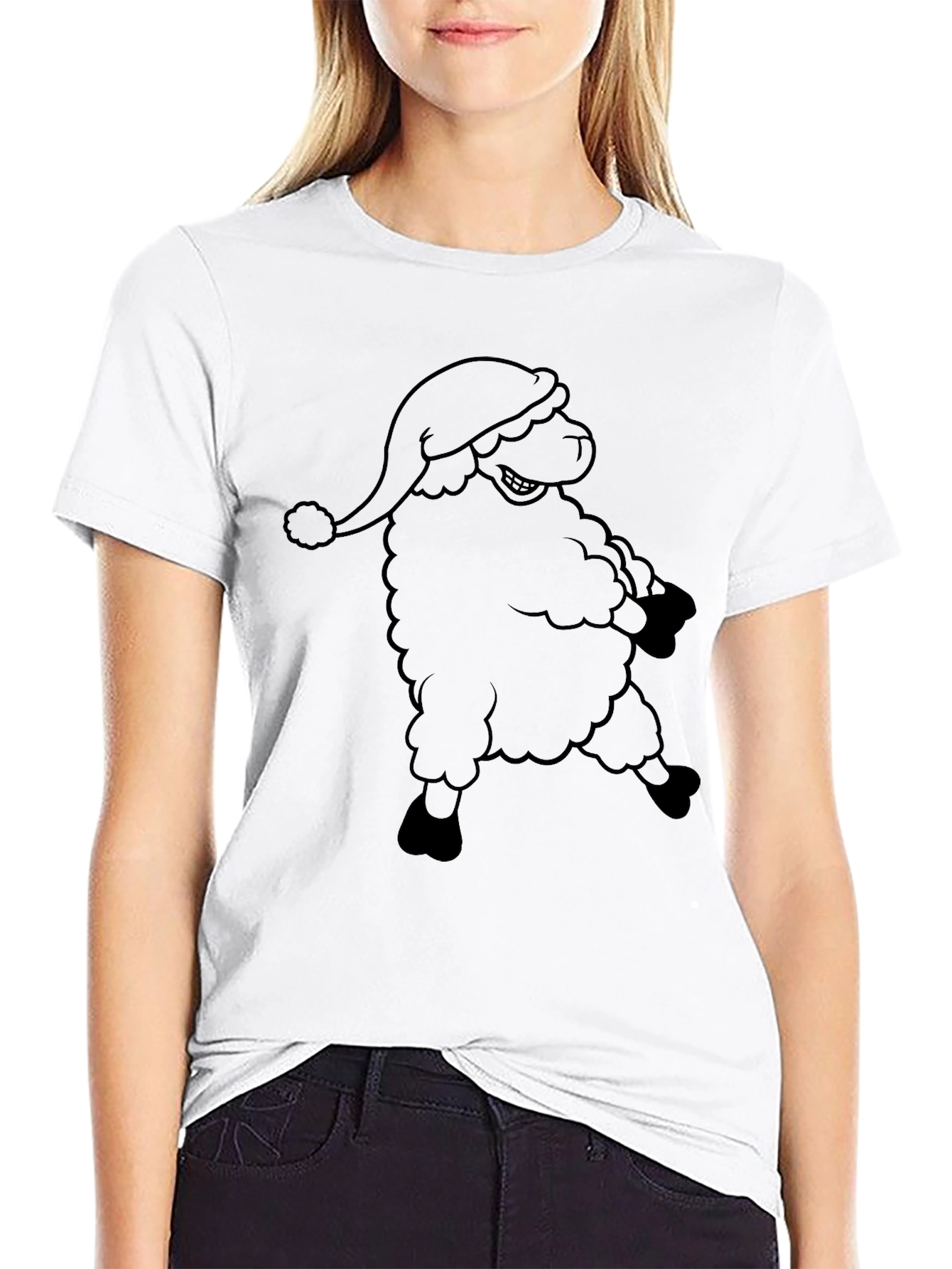 Novelty Santa Sheep Graphic Black T-Shirt