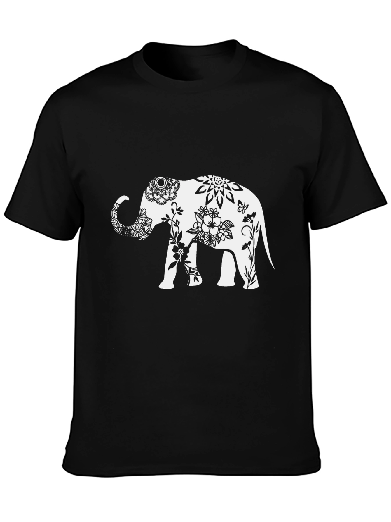 Elephant Floral Graphic Tee - Black Cotton Blend