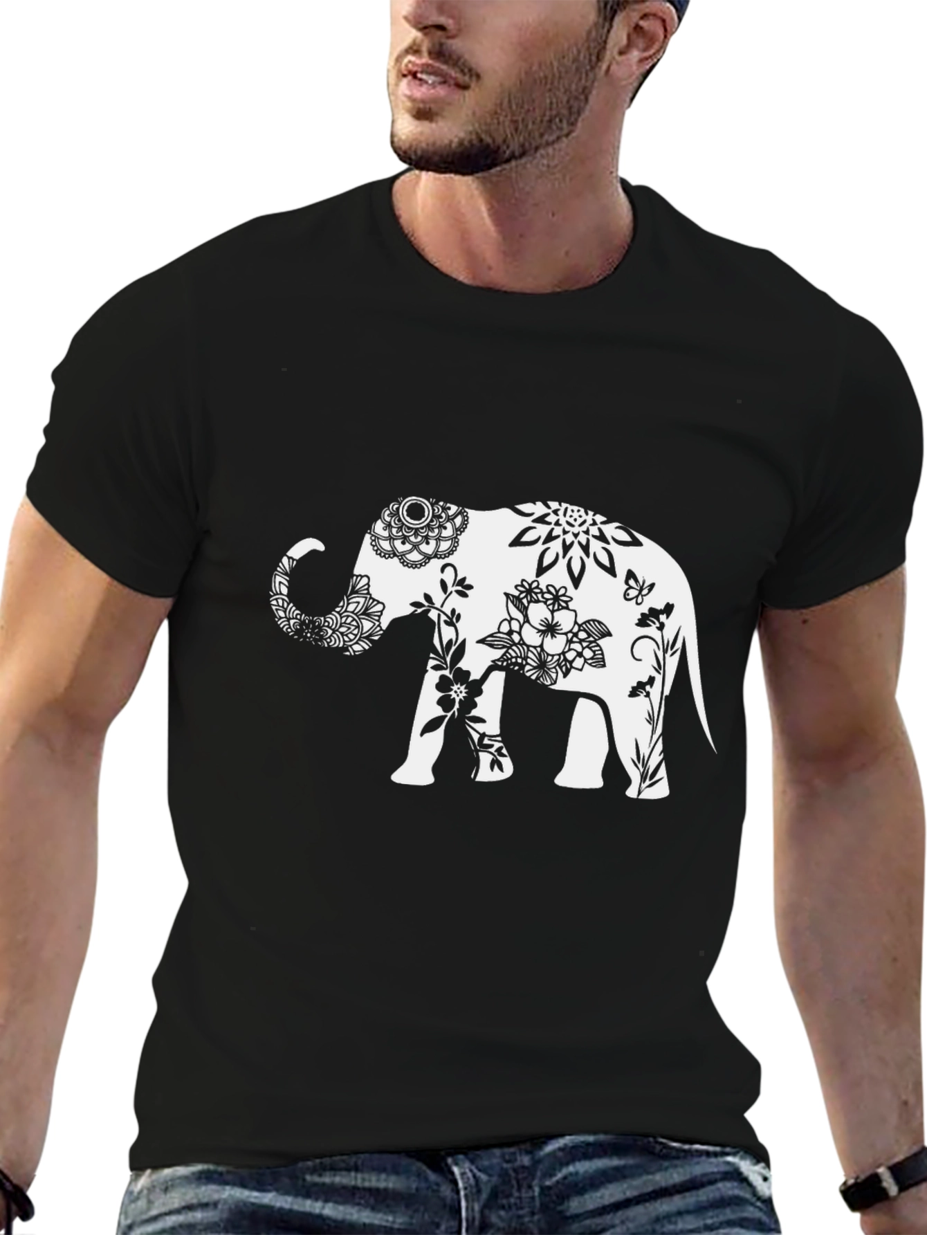 Elephant Floral Graphic Tee - Black Cotton Blend