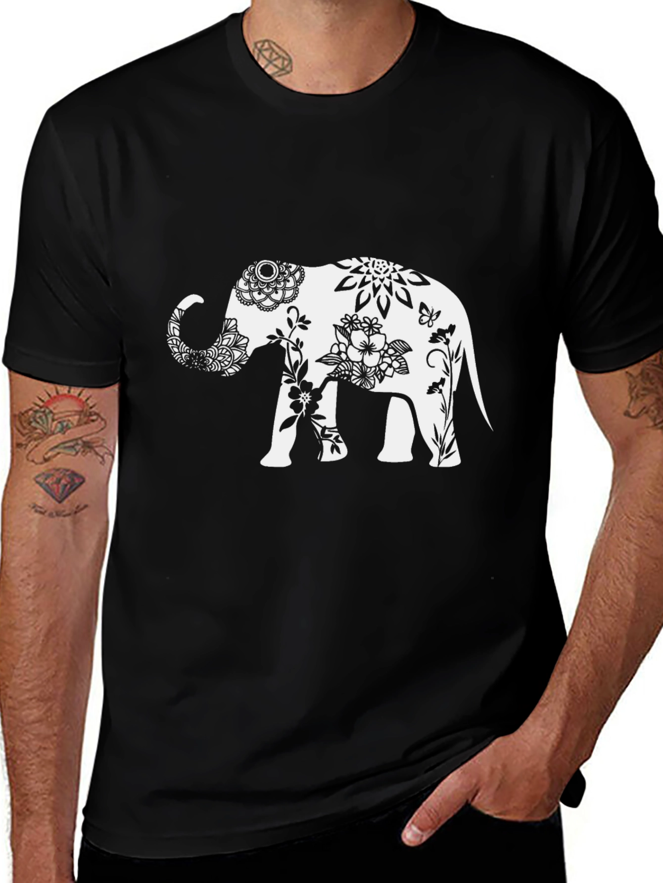 Elephant Floral Graphic Tee - Black Cotton Blend