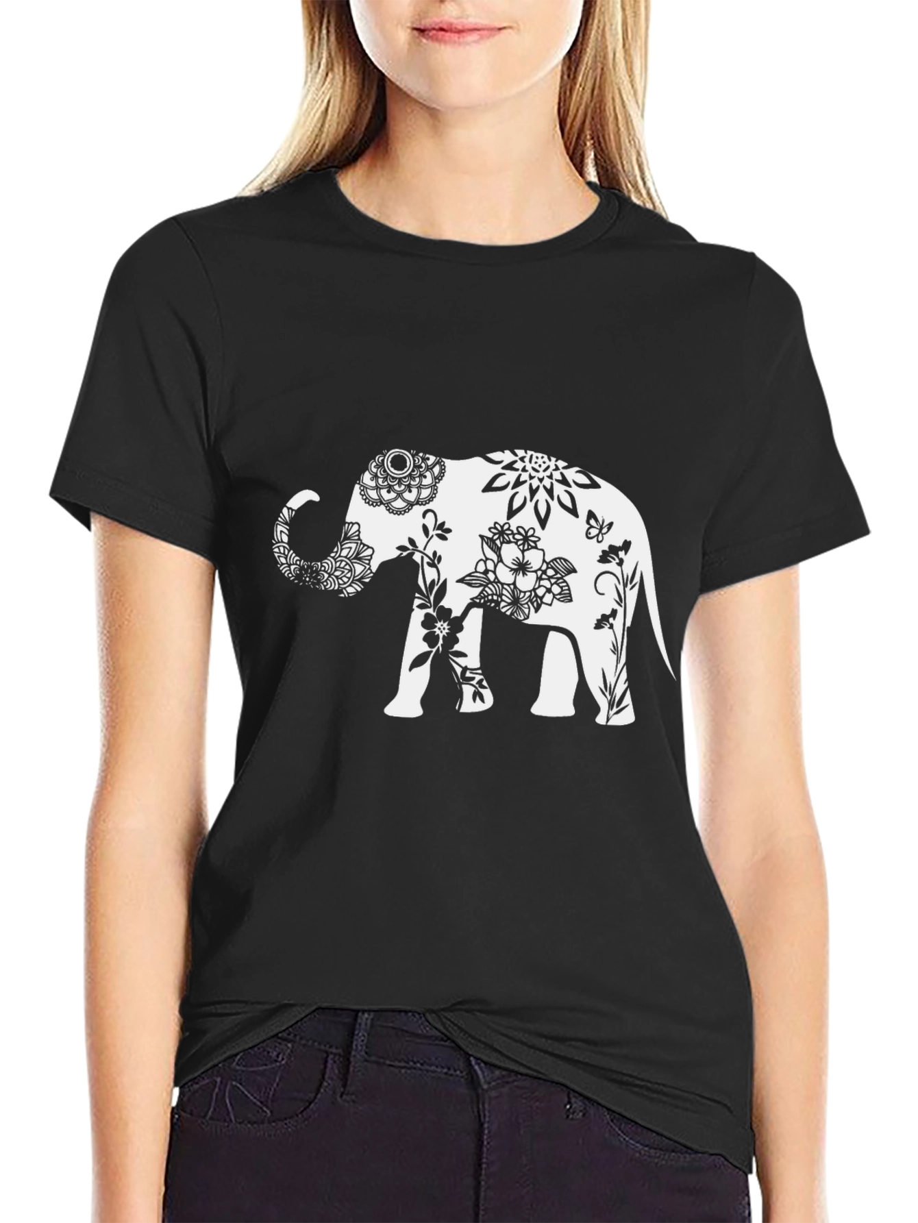 Elephant Floral Graphic Tee - Black Cotton Blend