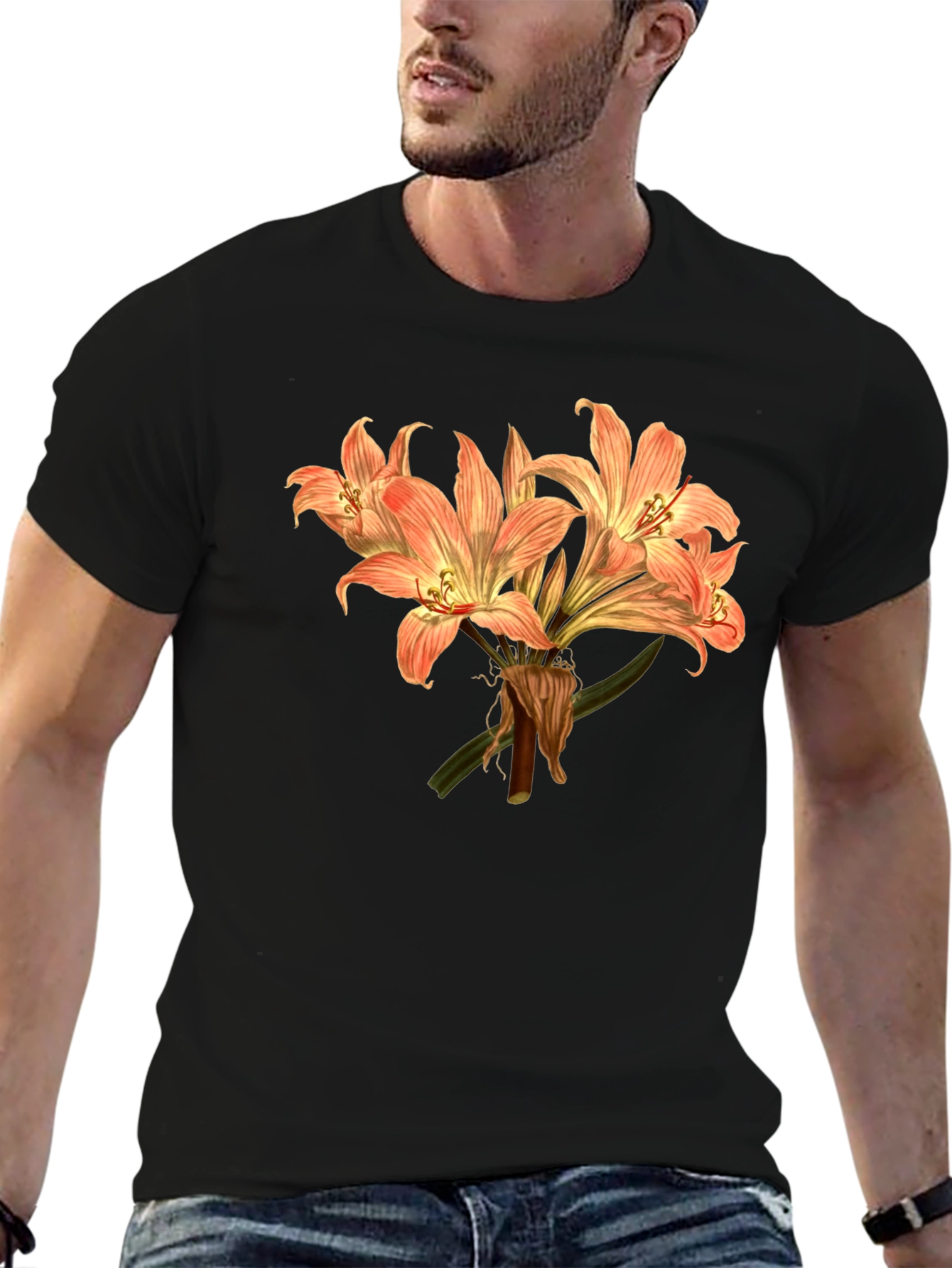 Floral T-Shirt Botanical Print Mens Black Tee