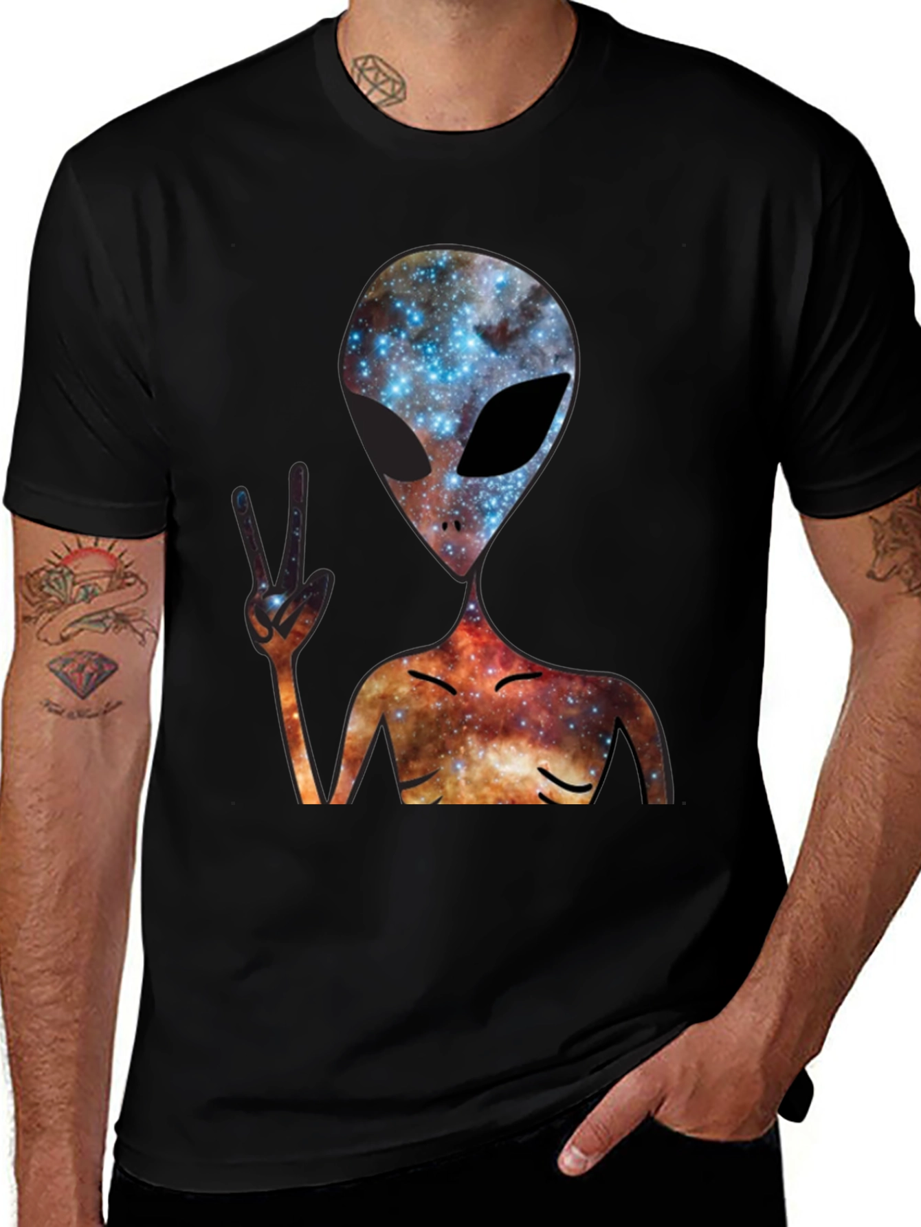 Cosmic Alien Peace Sign Black T-Shirt