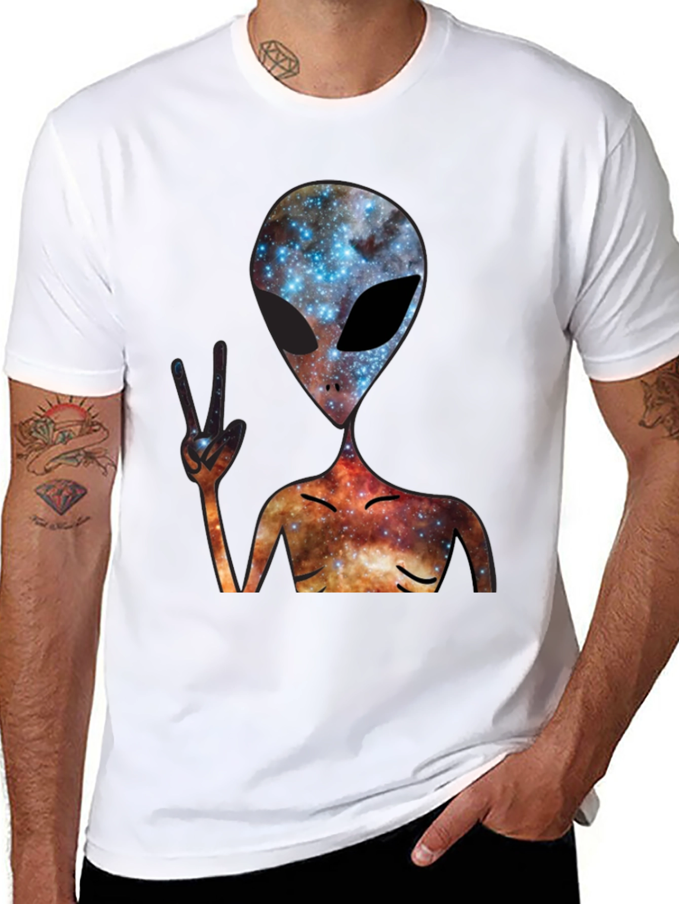 Cosmic Alien Peace Sign Black T-Shirt