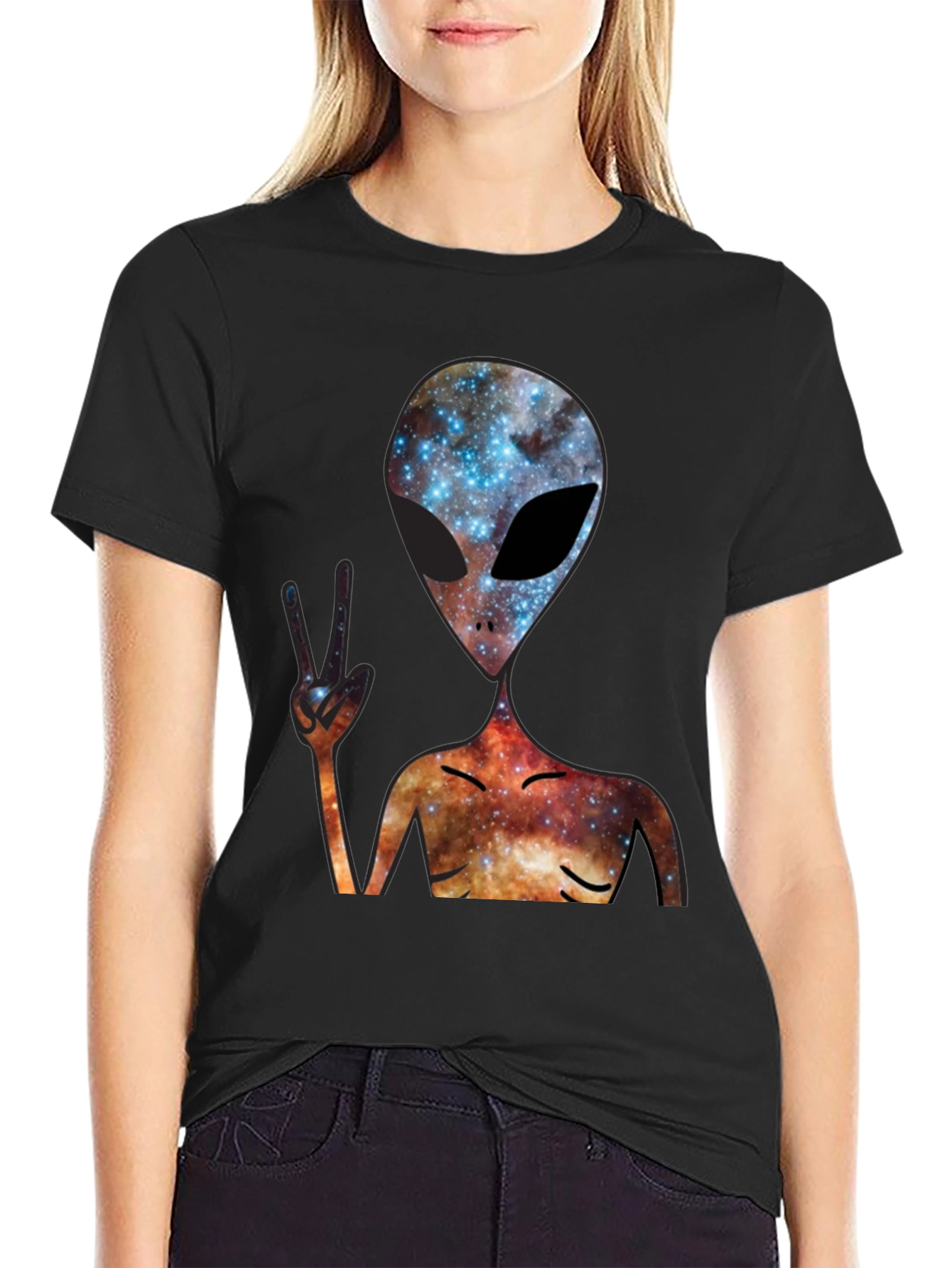 Cosmic Alien Peace Sign Black T-Shirt