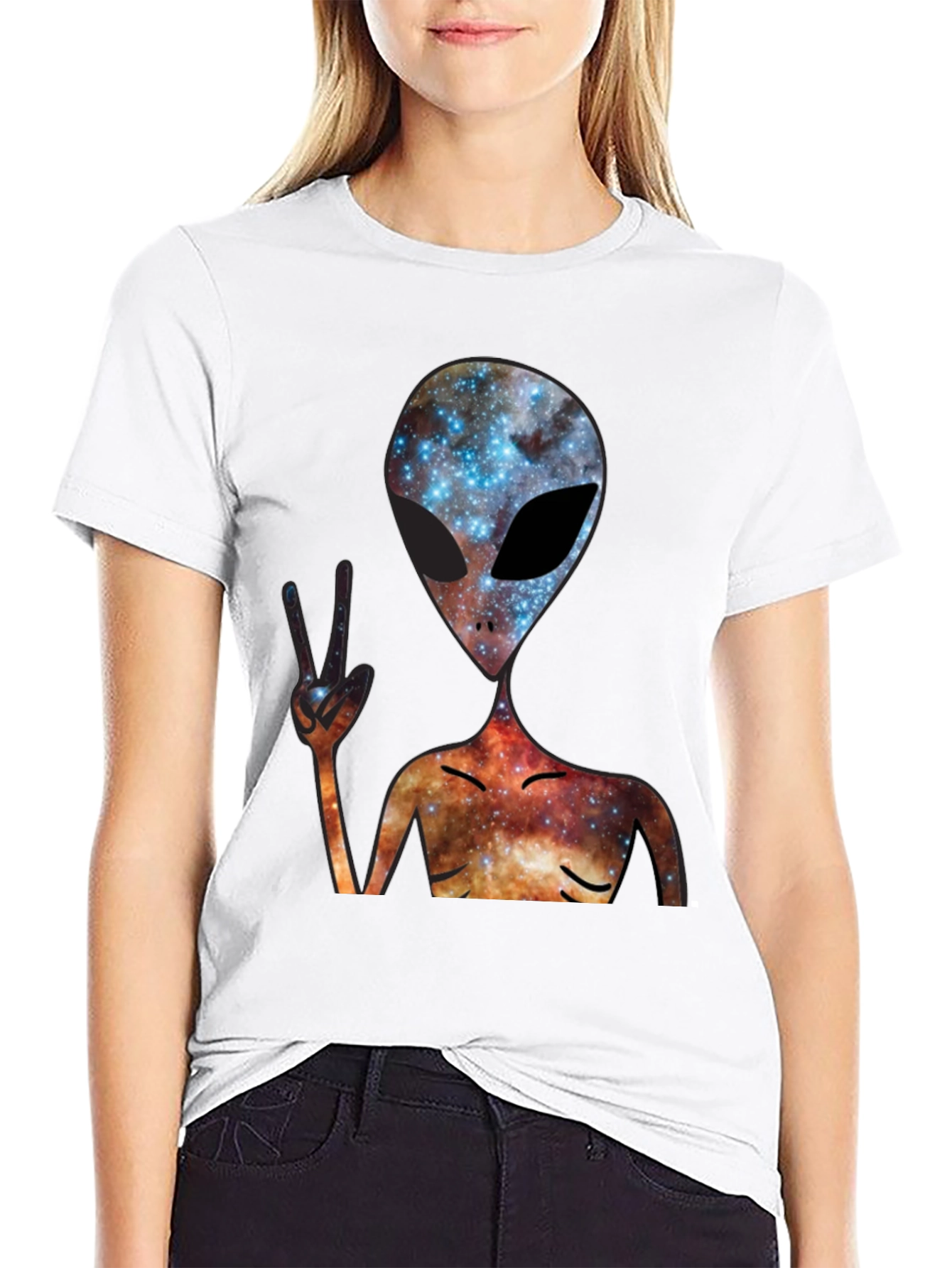 Cosmic Alien Peace Sign Black T-Shirt