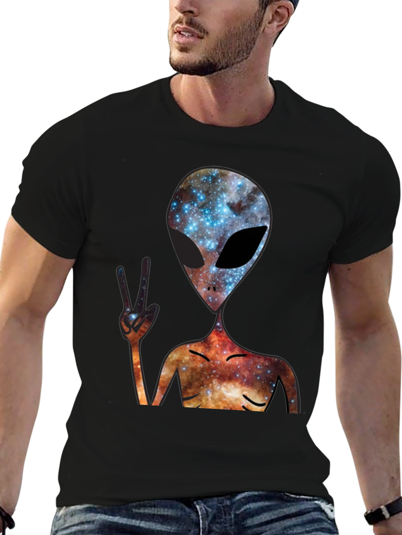 Cosmic Alien Peace Sign Black T-Shirt