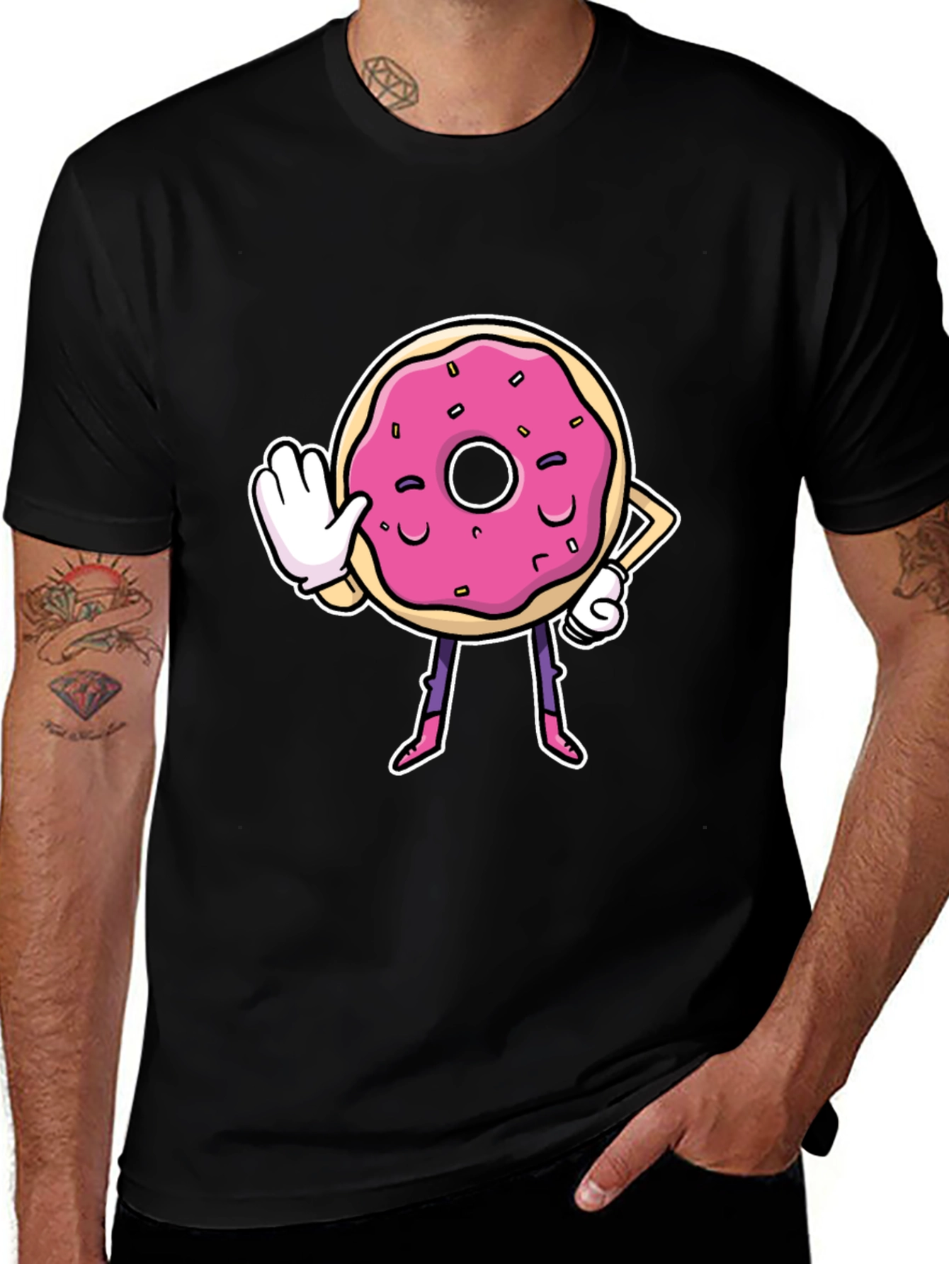 Funny Donut Cartoon Black T-Shirt