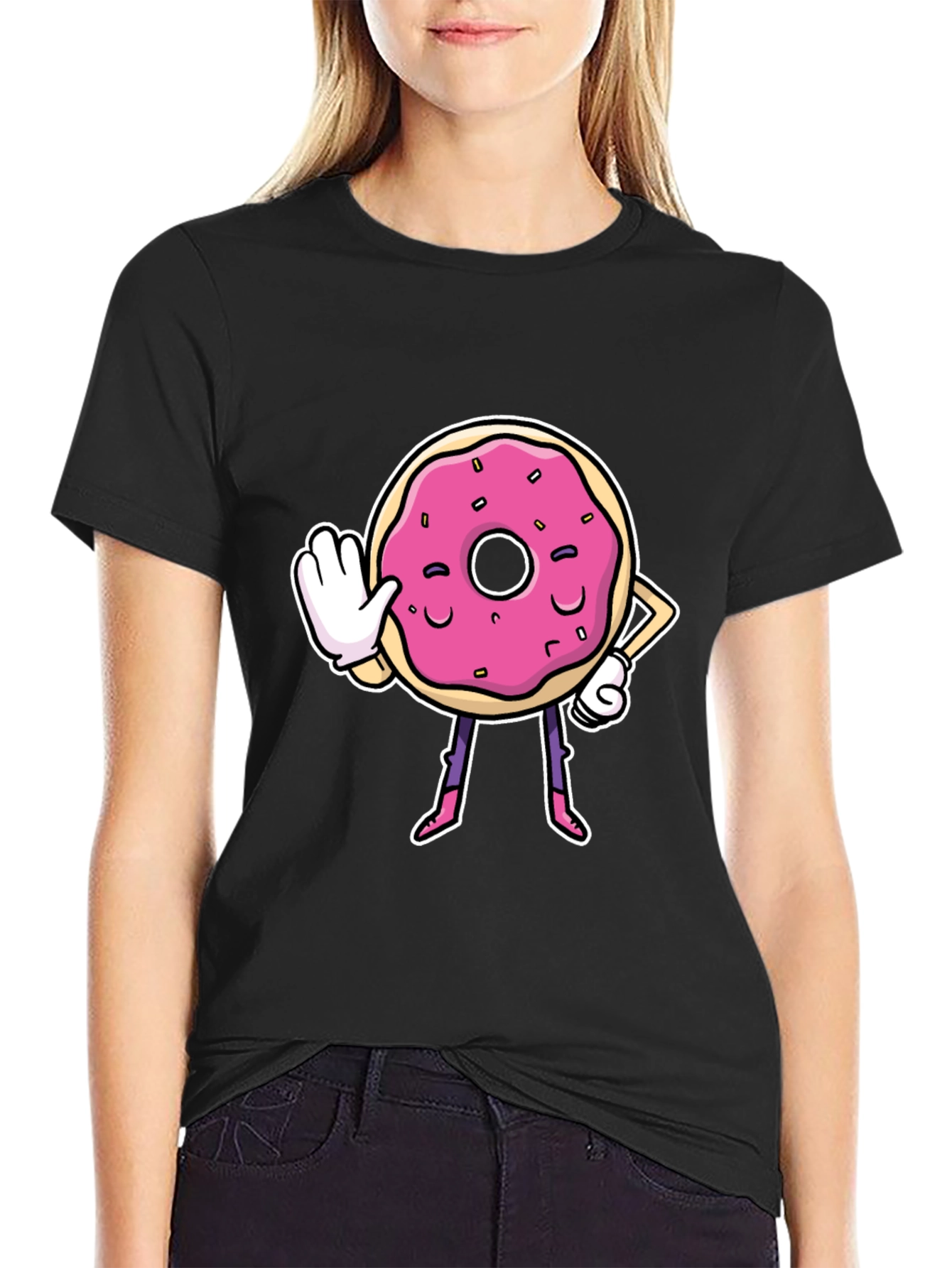 Funny Donut Cartoon Black T-Shirt