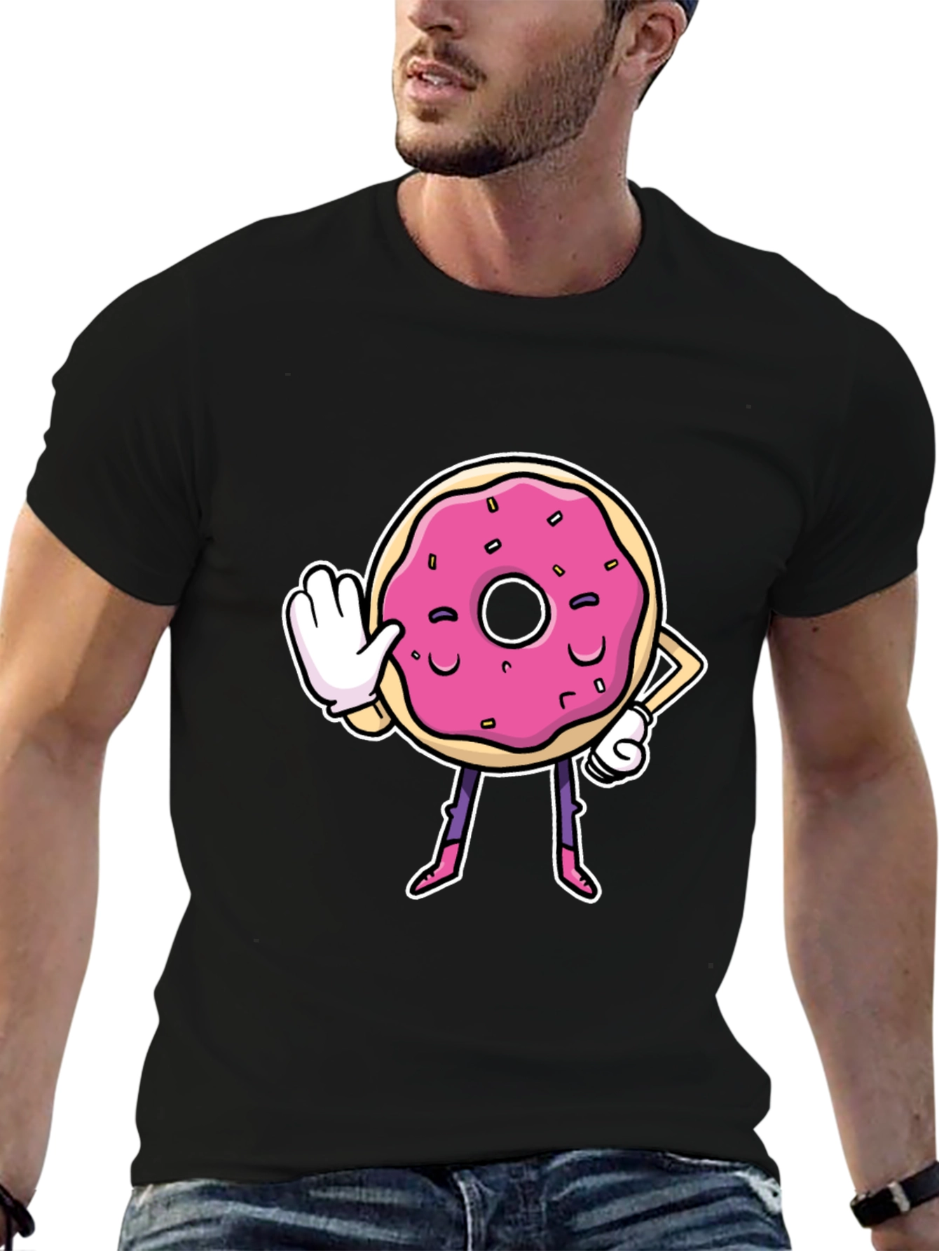 Funny Donut Cartoon Black T-Shirt
