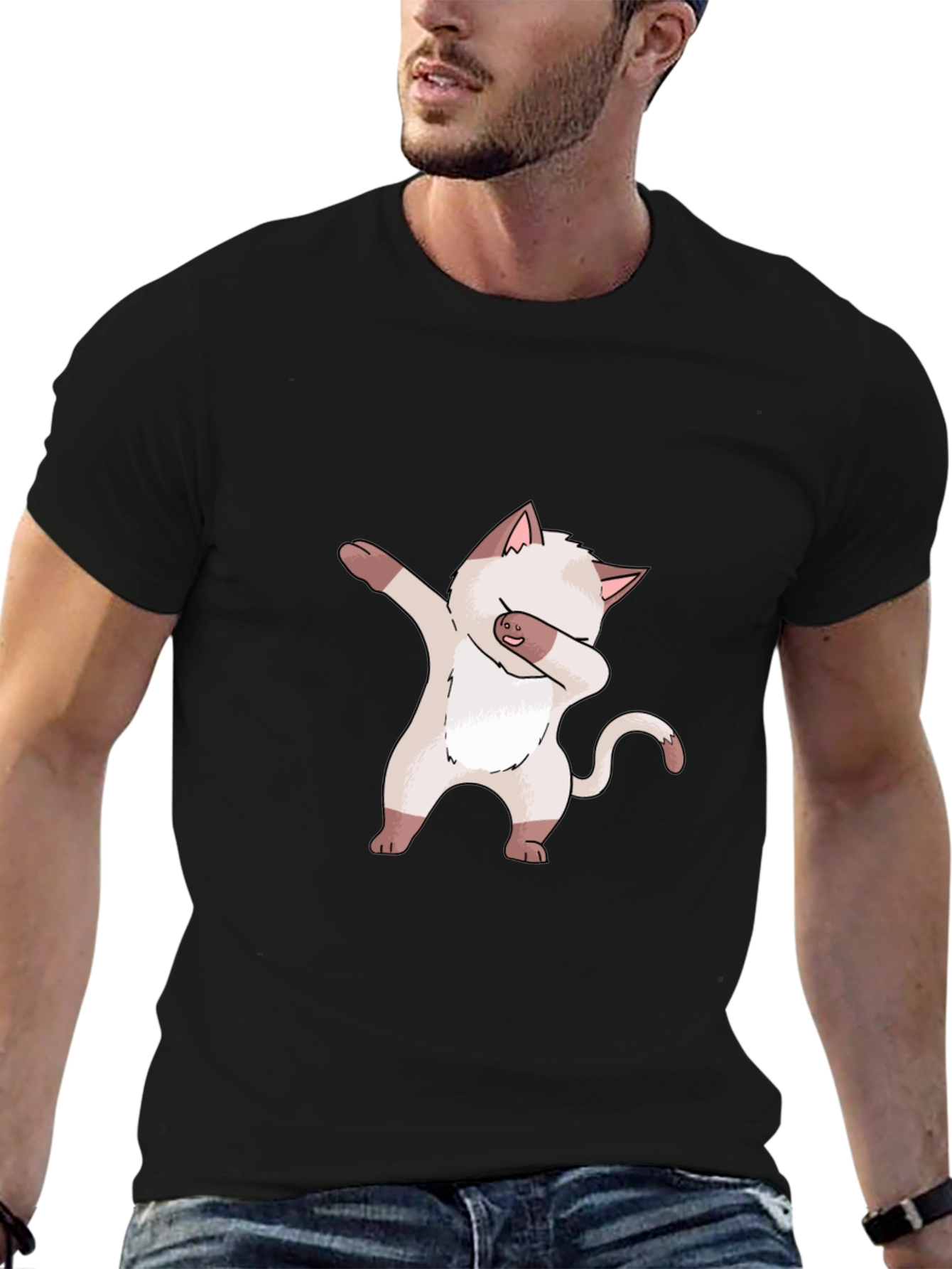 Dabbing Cat Graphic Tee - Black Cotton T-Shirt