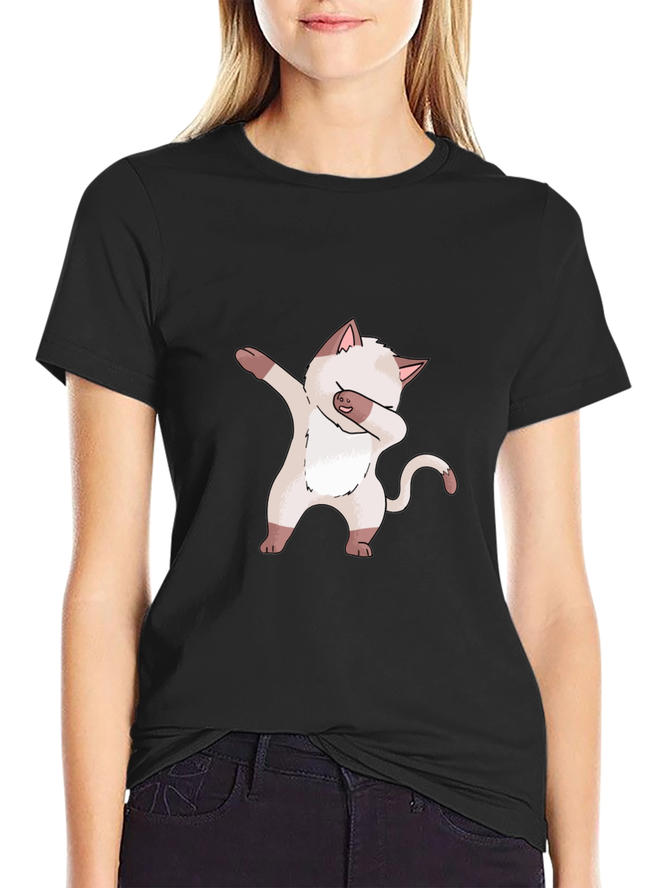 Dabbing Cat Graphic Tee - Black Cotton T-Shirt