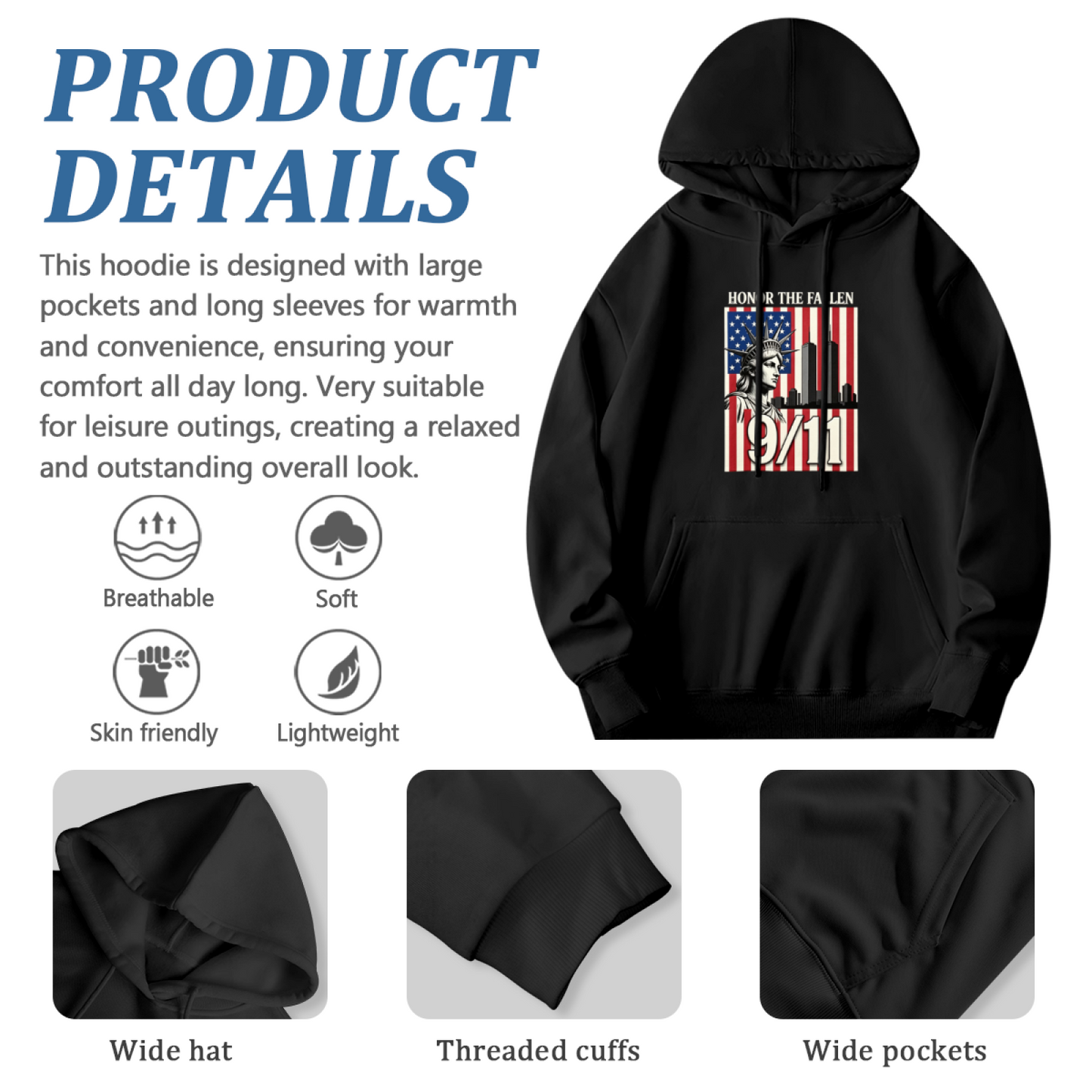 Honor The Fallen 9/11 Statue Of Liberty American Flag Retro Hoodie