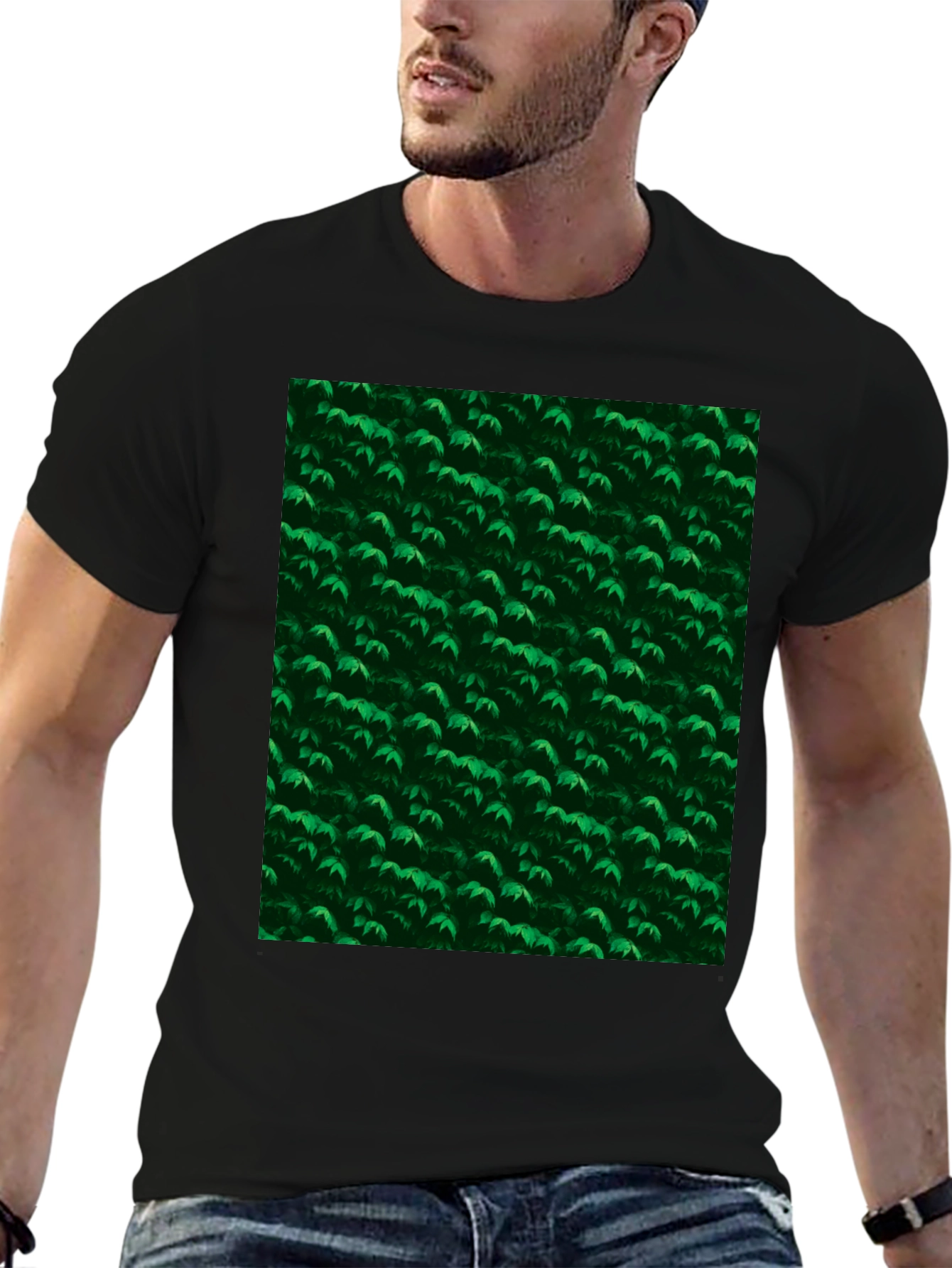 Green Leaves Pattern Black T-Shirt