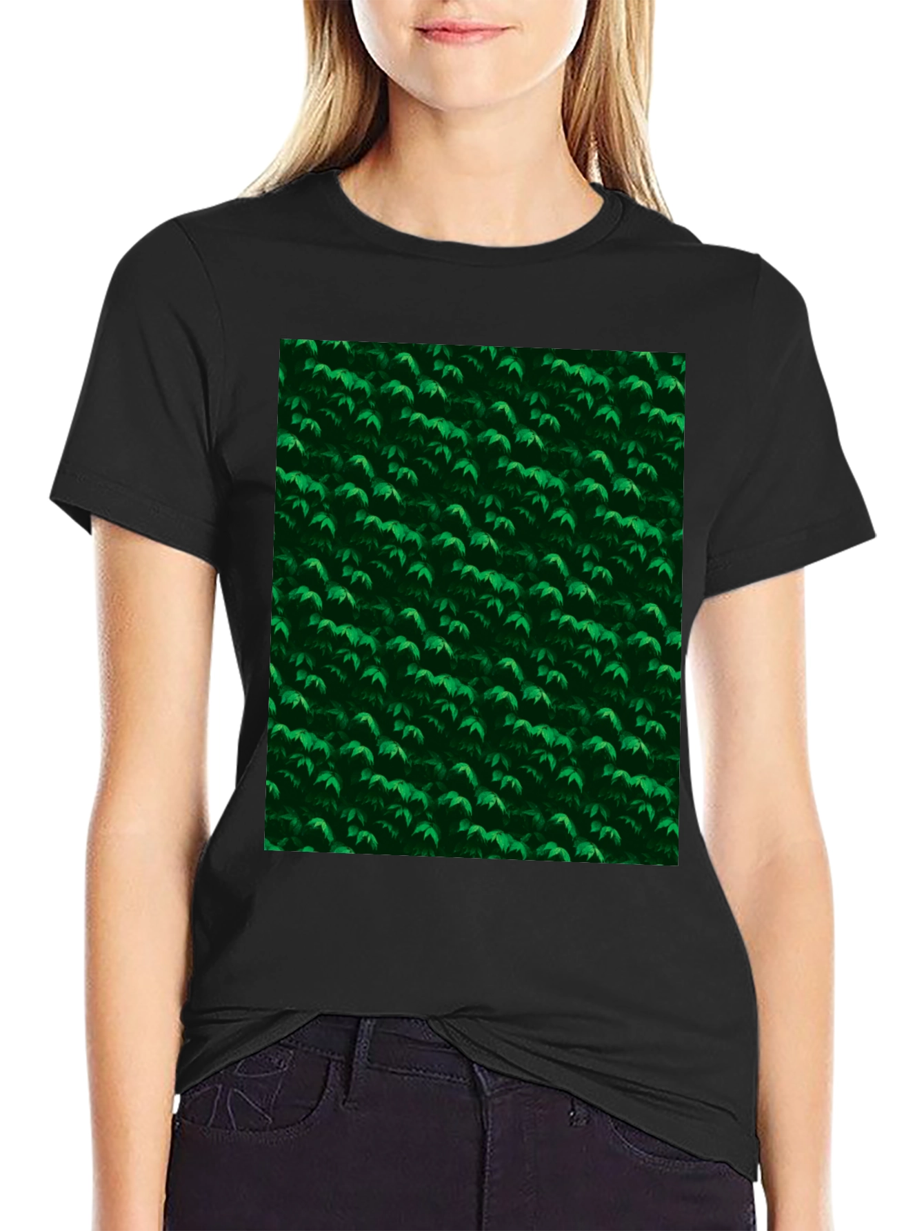 Green Leaves Pattern Black T-Shirt