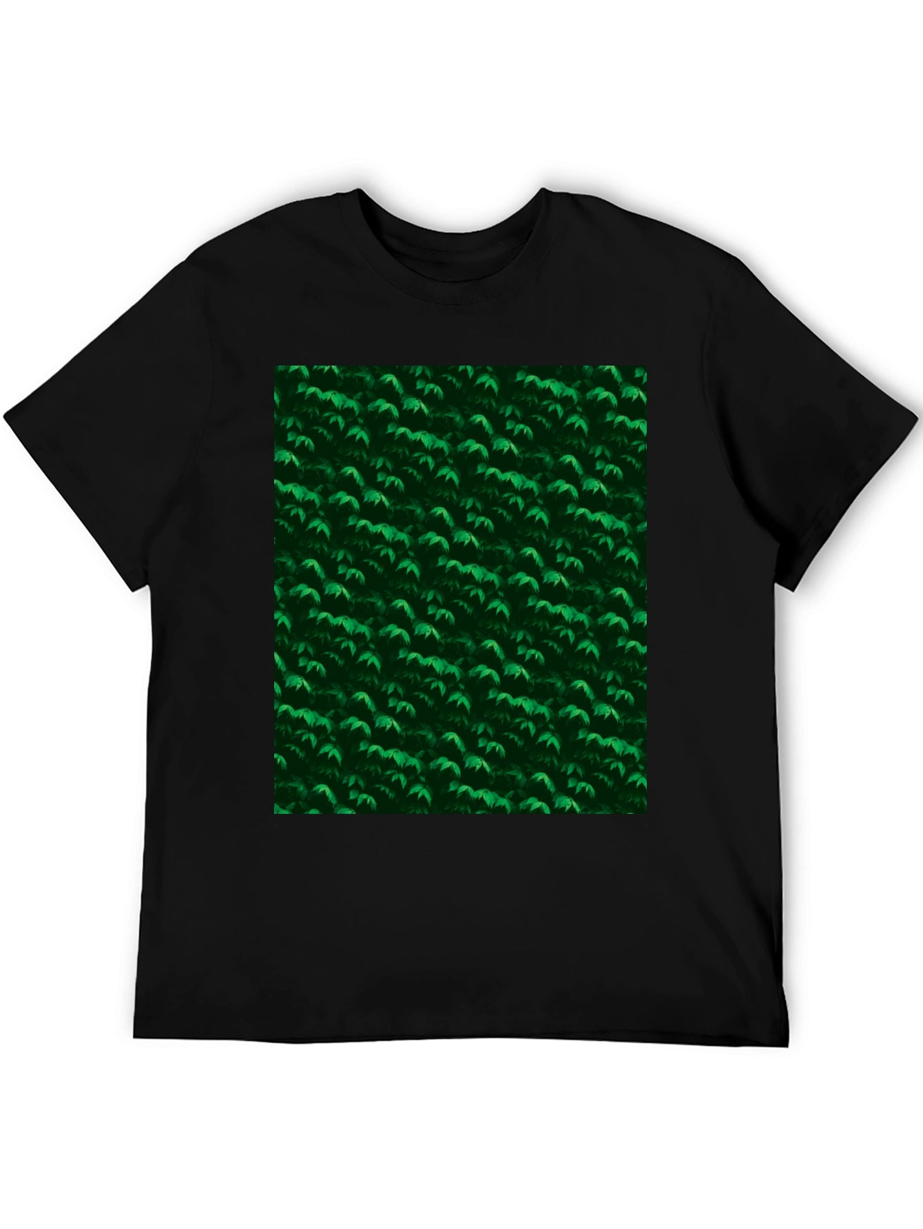 Green Leaves Pattern Black T-Shirt