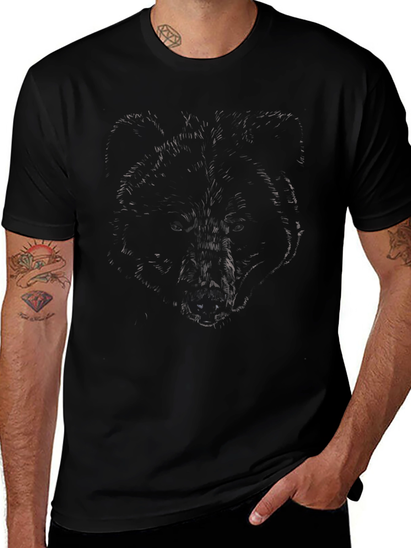 Mens Black Graphic Tee - Wolf Design