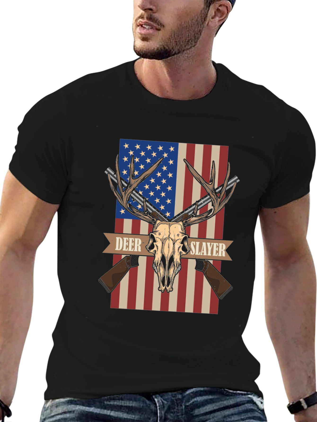 Deer Slayer Graphic T-Shirt - American Flag Hunting Tee