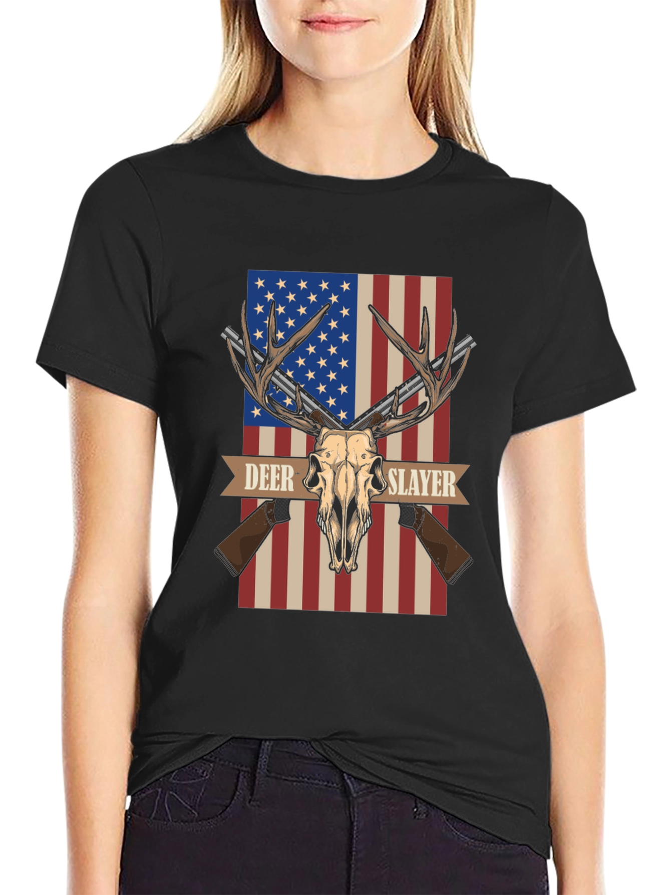 Deer Slayer Graphic T-Shirt - American Flag Hunting Tee
