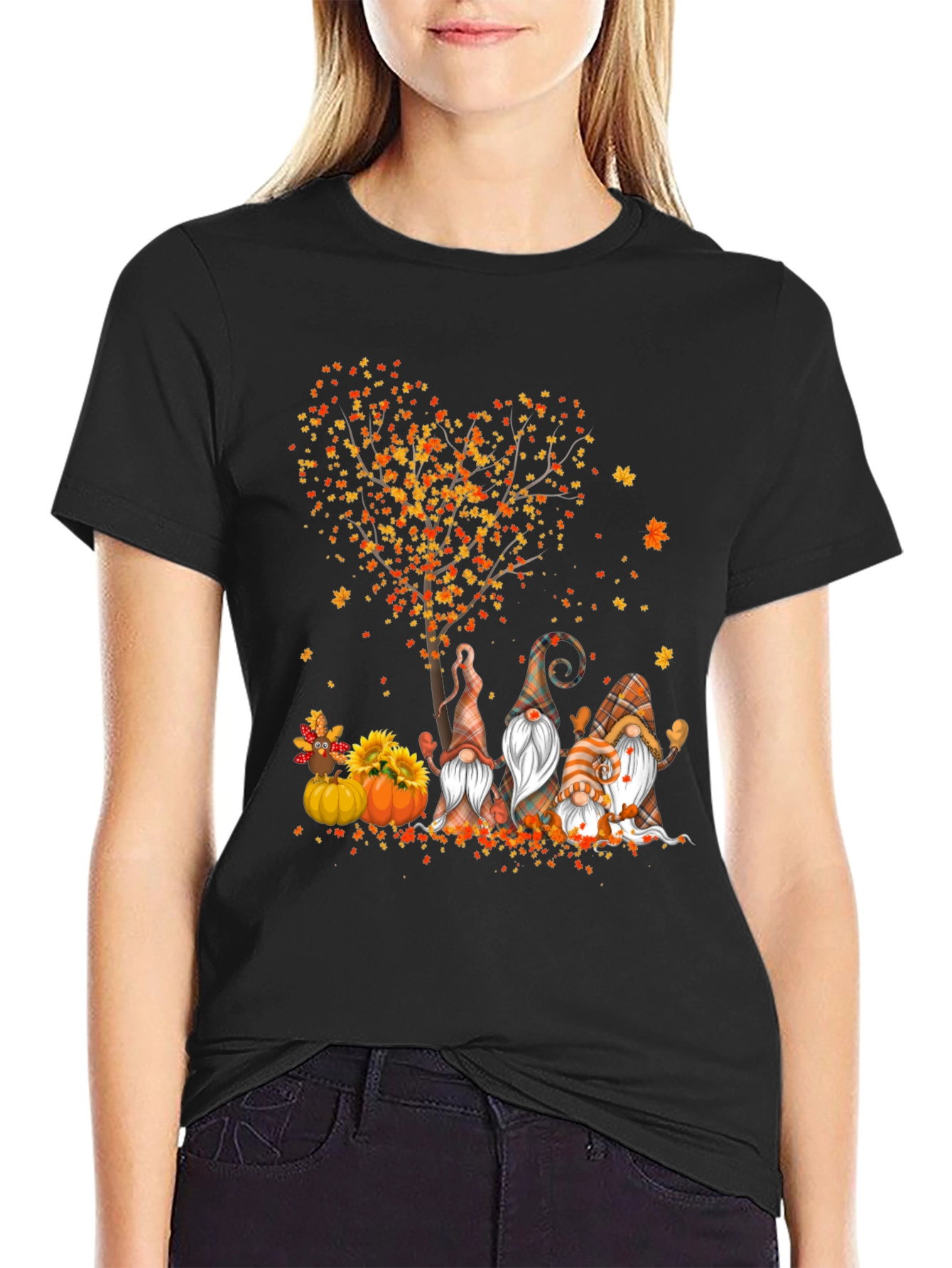 Fall Gnomes & Heart Tree Black T-Shirt
