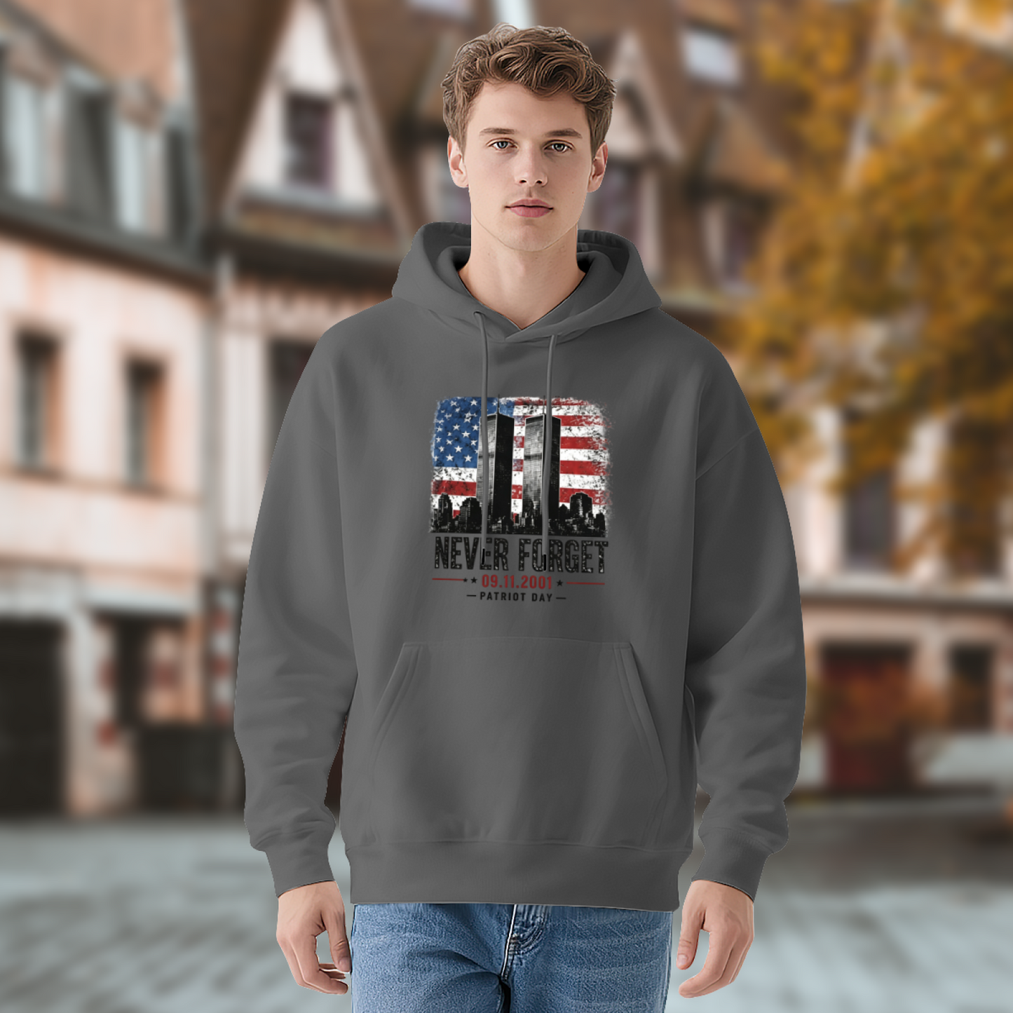 Distressed Vintage Flag Twin Towers Patriot Day 9/11 Hoodie