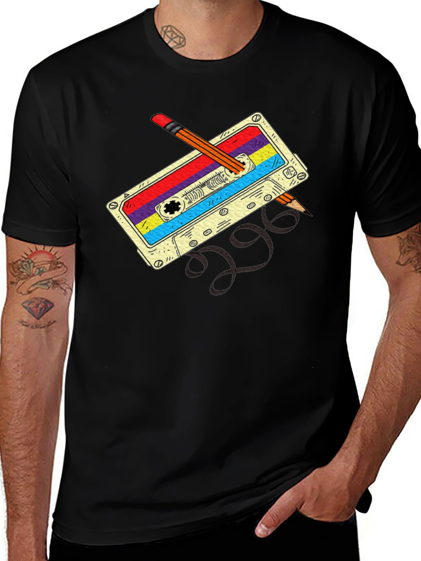 Retro Cassette & Pencil Black T-Shirt