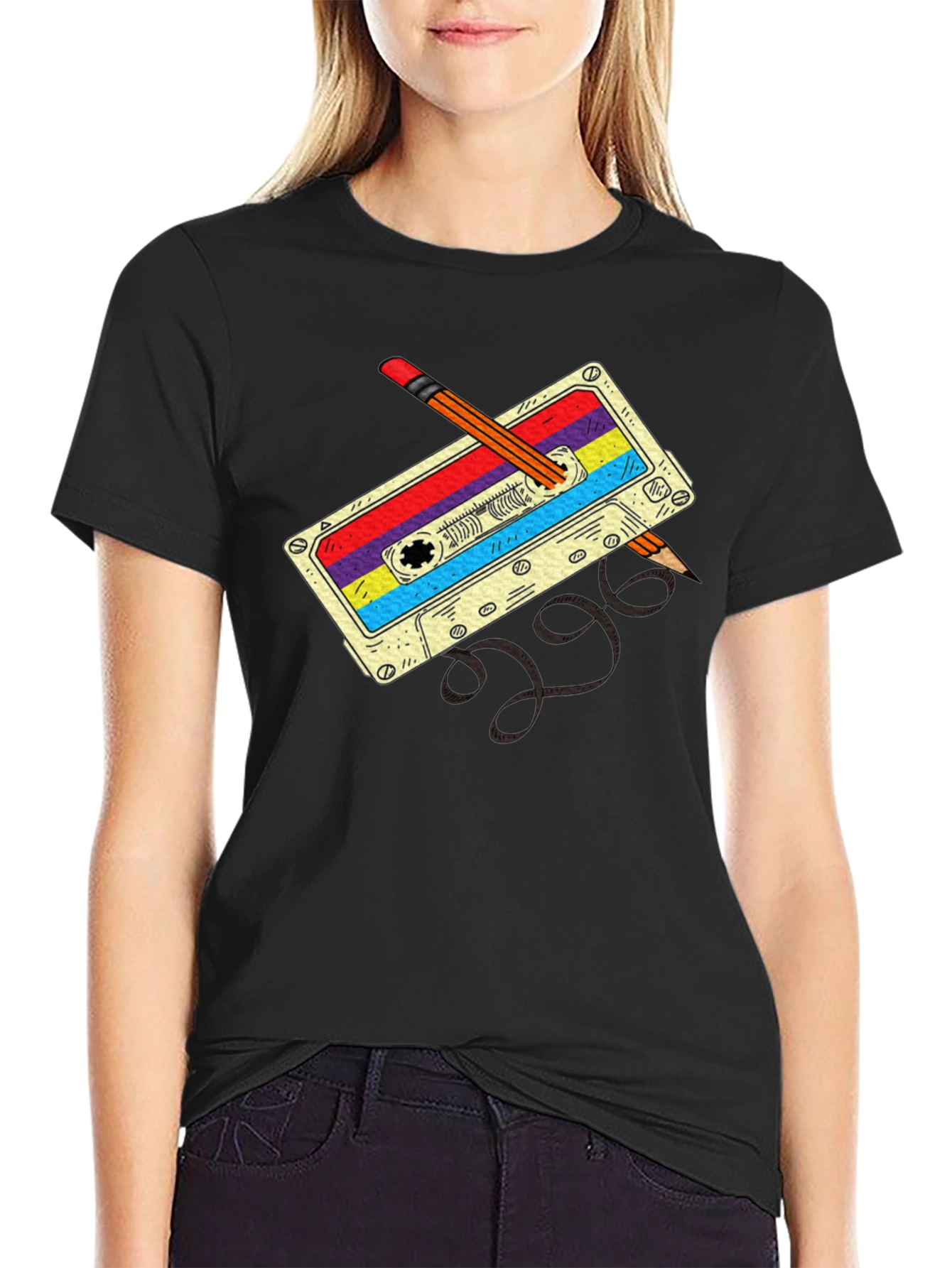 Retro Cassette & Pencil Black T-Shirt